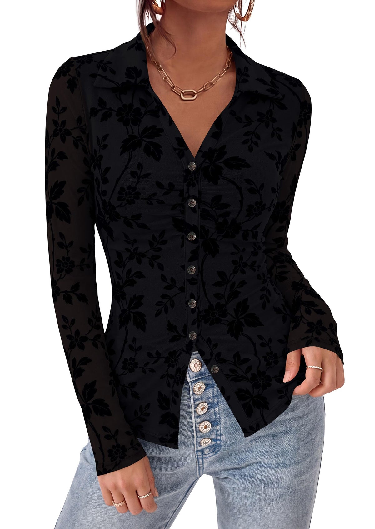 PRETTYGARDEN Women's Long Sleeve Floral Mesh Boho Tops Button Down Shirts Fall Blouses Dressy, Ruched Slim Fit, Collared V Neck, Trendy Going Out Date Night Outfit, Elegant Casual Work Office Clothes