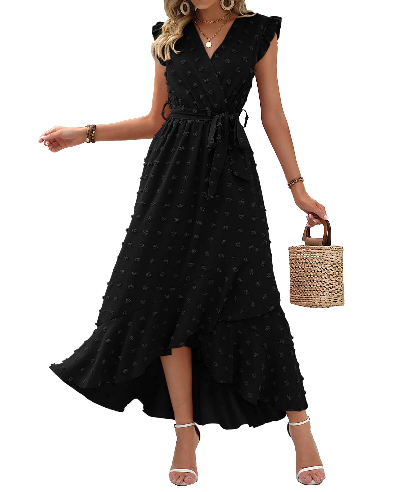 FreshPretty Women V Neck Summer Dress Cap Sleeve Swiss Dot Boho Flowy Ruffle Slit Beach Party Long Maxi Cocktail Dresses