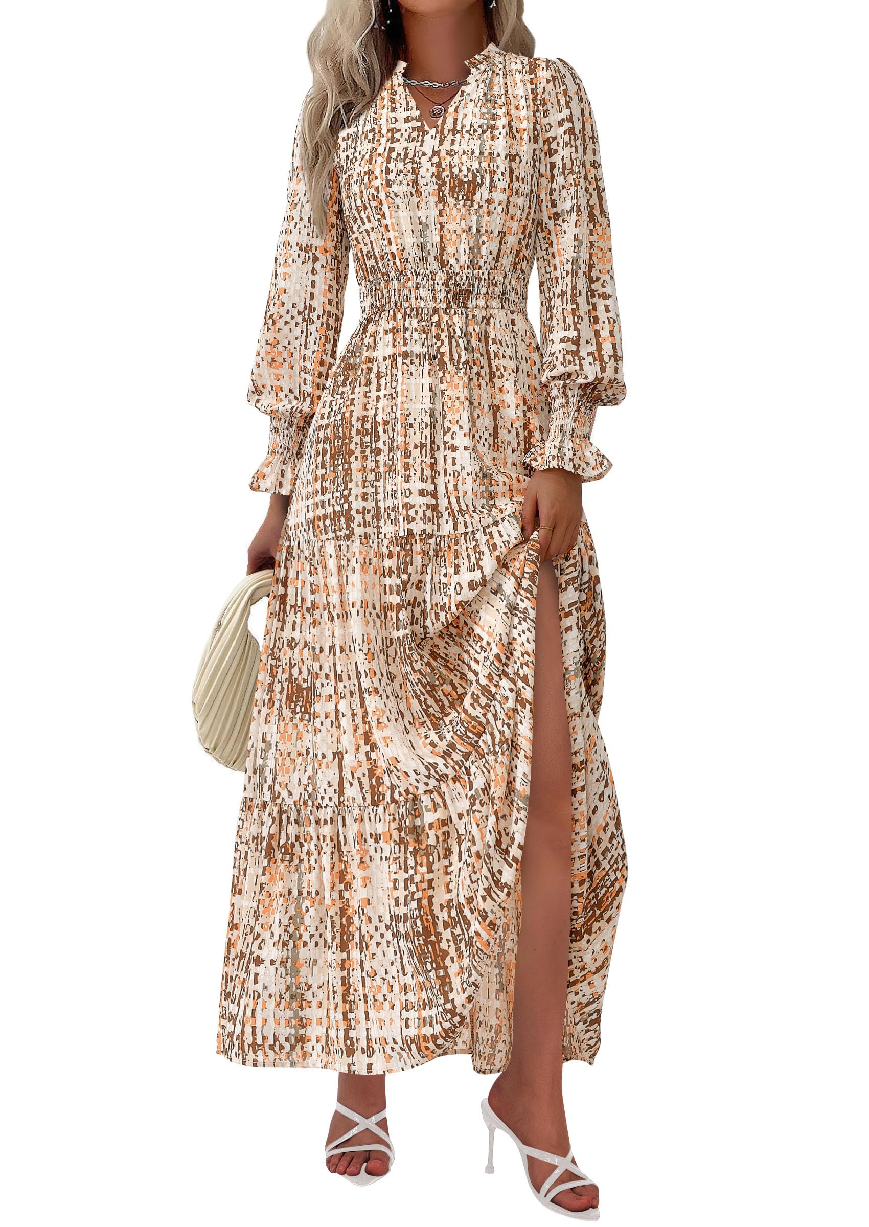 PRETTYGARDEN Women's Floral Maxi Dress Fall Long Sleeve V Neck Casual A Line Long Flowy Boho Party Dresses