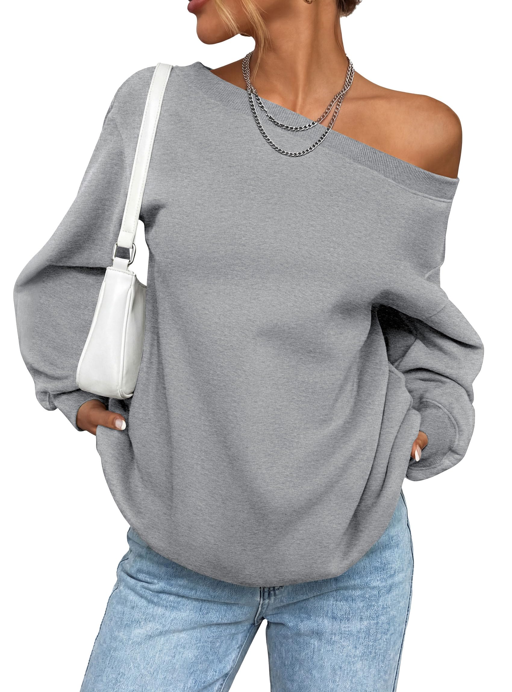 PRETTYGARDEN Womens Off The Shoulder Sweatshirt Loose Fit Slouchy Long Sleeve Tops,Fleece Cropped Sweatshirts,Oversized Pullover,Casual Daily Street Y2K Outfits,Fall Winter Clothes