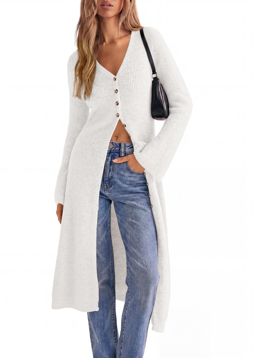 PRETTYGARDEN Women Long Cardigan Bell Sleeve Sweater Dress Early Fall Fashion, V Neck Button Down Coats, Fit and Flare, Duster Sweater, Acrylic Cotton Blend