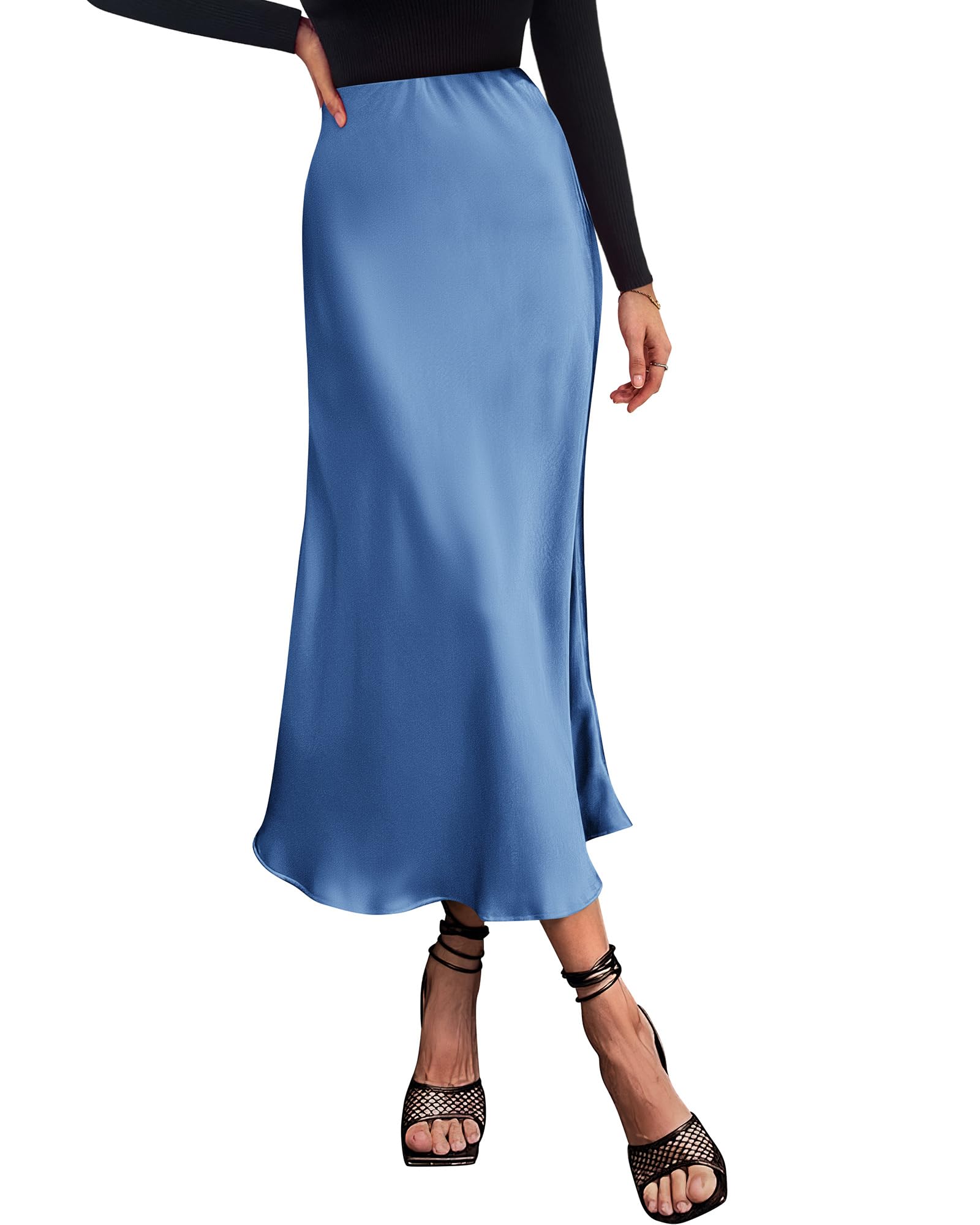 BTFBM Summer Womens Skirts Silk Elegant High Waist Flowy Long Satin A-Line Midi Skirt Cocktail Wedding Party
