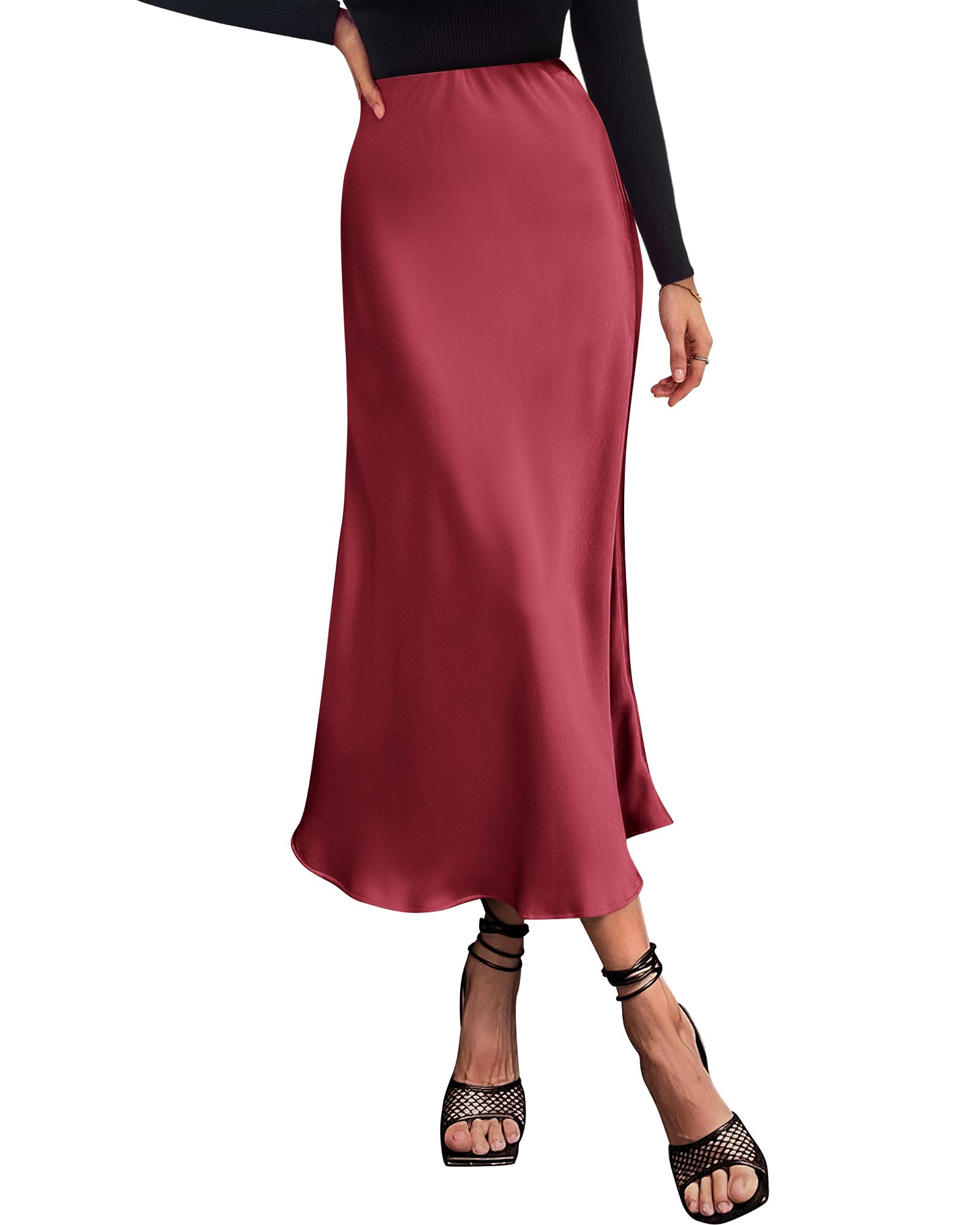 BTFBM Summer Womens Skirts Silk Elegant High Waist Flowy Long Satin A-Line Midi Skirt Cocktail Wedding Party