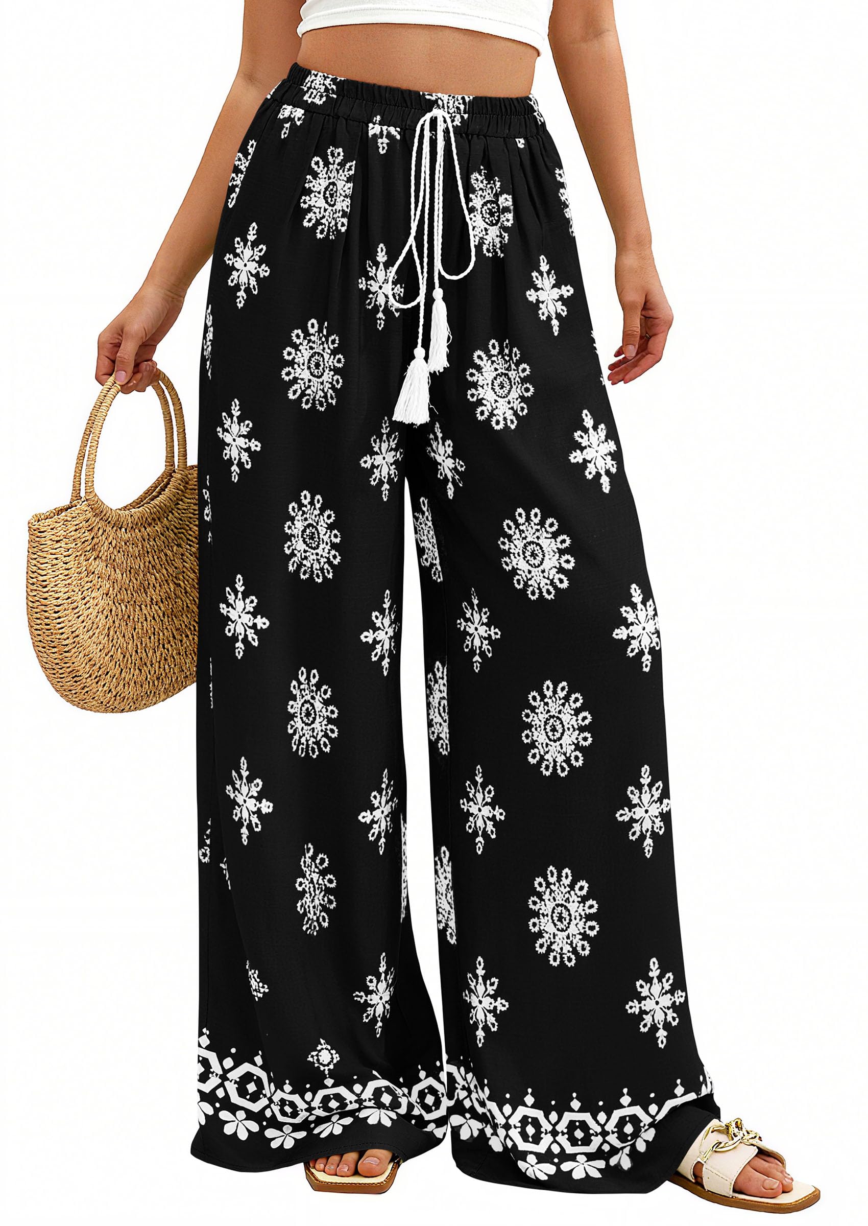 PRETTYGARDEN Women's Wide Leg Palazzo Pants Summer Boho Floral Trousers Spring Flowy Beach Vacation Clothes Resort Wear