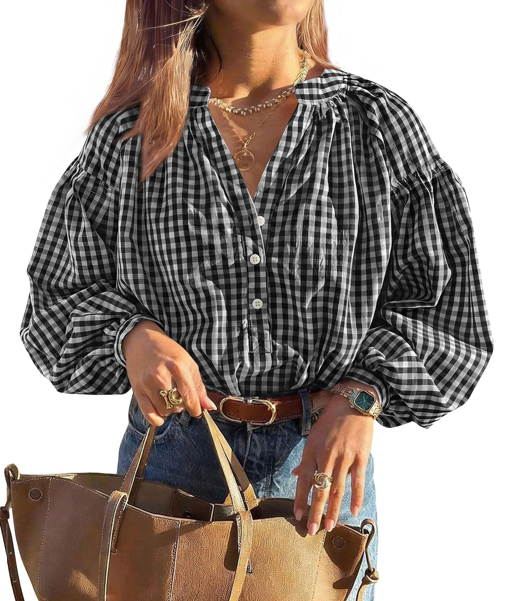 PRETTYGARDEN Women Fall Plaid Long Puff Sleeve Shirts V Neck Casual Blouses Gingham Button Down Oversized, Pleated Drop Shoulder Cotton Tops, Dressy Casual, Work Vacation Travel, Fall Outfits Trendy