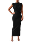 FreshPretty Women's Ruched Bodycon Dress Summer Casual Sleeveless Back Slit Elegant Club Evening Party Cocktail Maxi Dresses