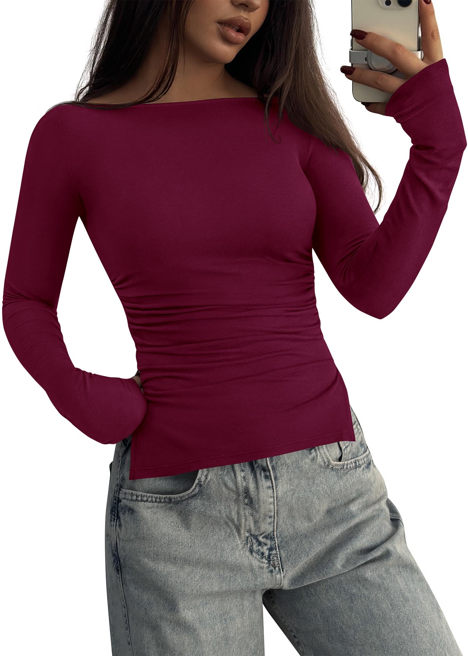 FreshPretty Long Sleeve Shirts for Women Fall Casual Boat Neck Knit Workout Going Out Tops Fitted Side Slit Basic Tees