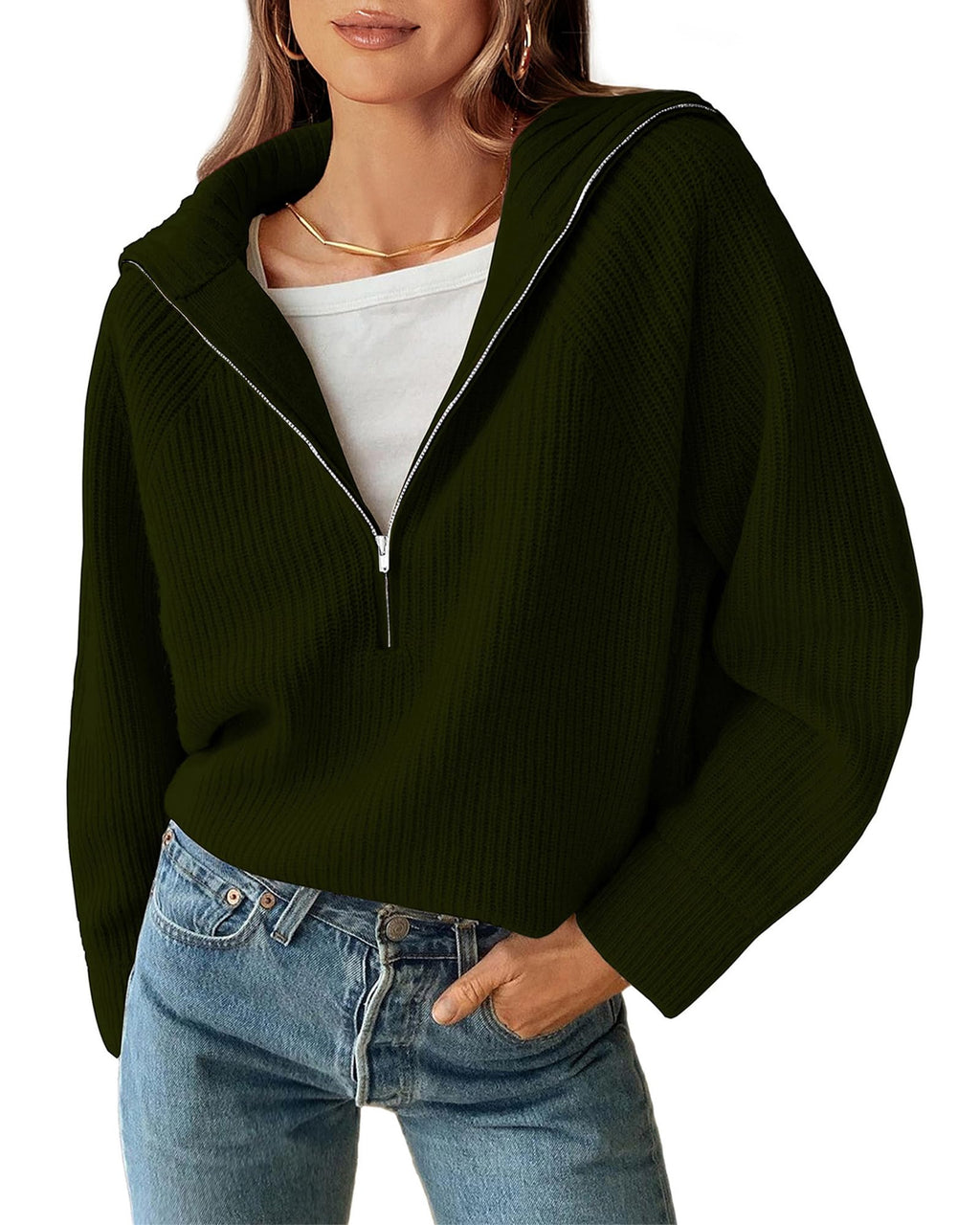 BTFBM Womens Sweaters Quarter Zip Pullover V Neck Collar Long Sleeve Ribbed Knit Loose Casual Winter Fall Sweater