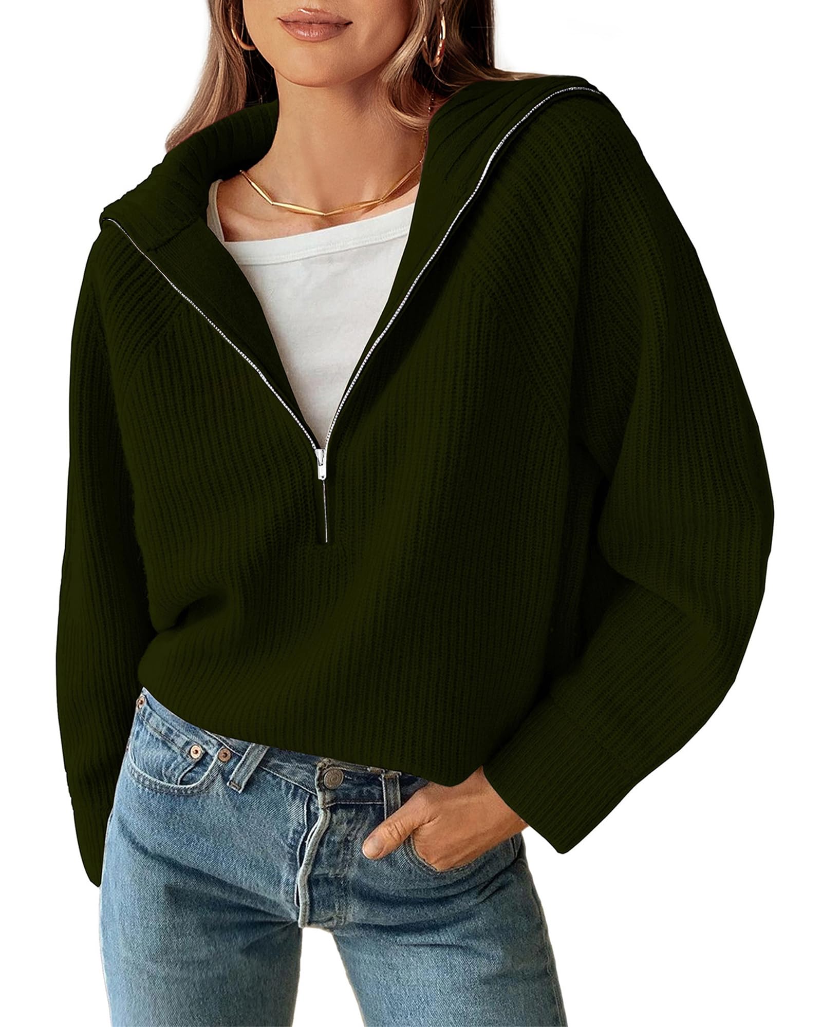 BTFBM Womens Sweaters Quarter Zip Pullover V Neck Collar Long Sleeve Ribbed Knit Loose Casual Winter Fall Sweater