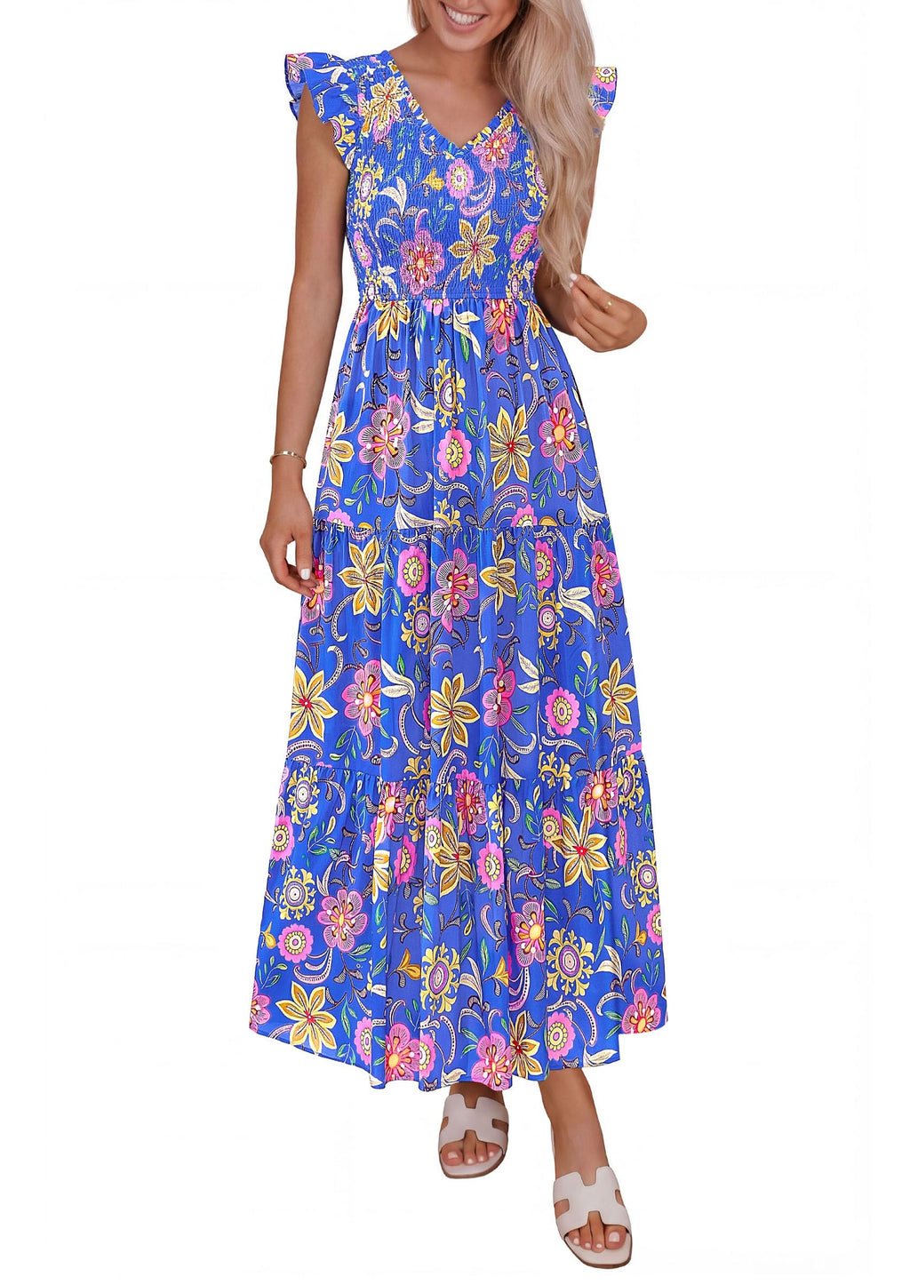 PRETTYGARDEN Women's Boho Floral Maxi Dress Summer Smocked V Neck Ruffle Sleeve Spring Flowy Beach Vacation Sundresses