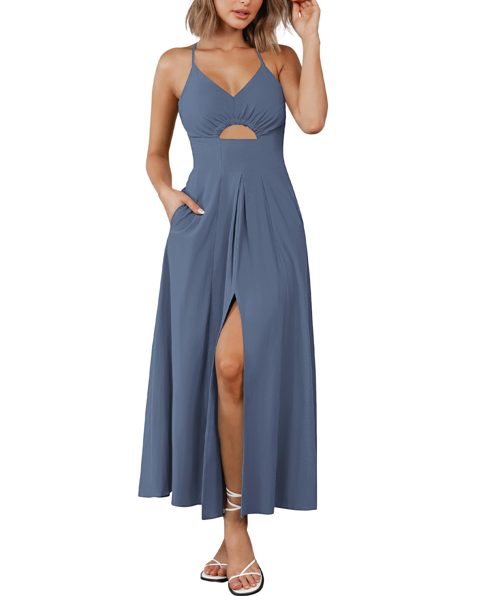 BTFBM Women Spaghetti Strap Midi Summer Dresses Sleeveless V Neck Cutout Slit Casual Beach Party Maxi Dress Pockets