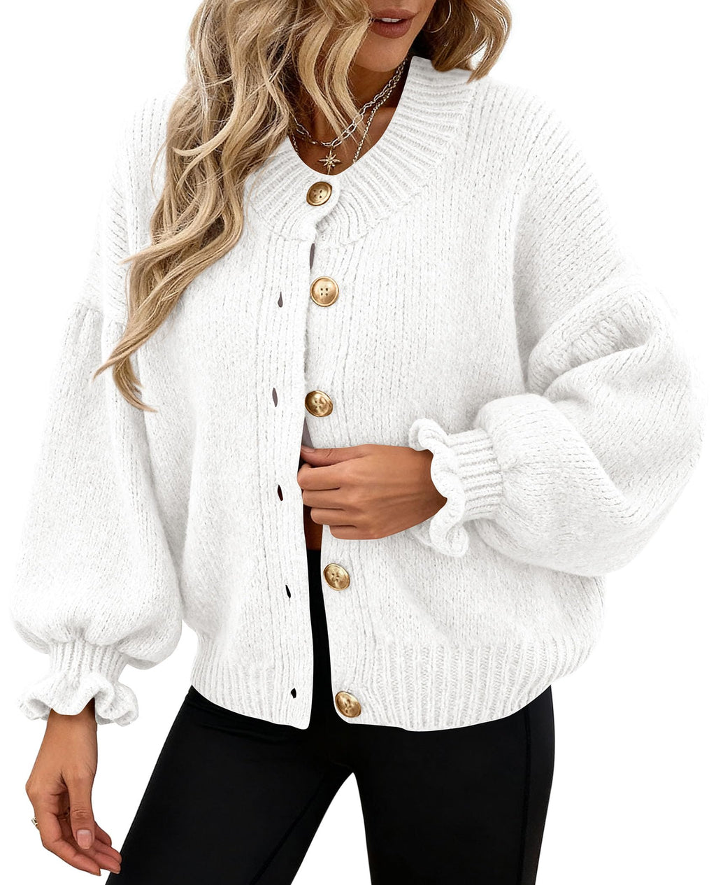 PRETTYGARDEN Womens Cropped Cardigans Trendy Ruffle Open Front Chunky Knit Sweater Oversized Button Down Fall Clothes