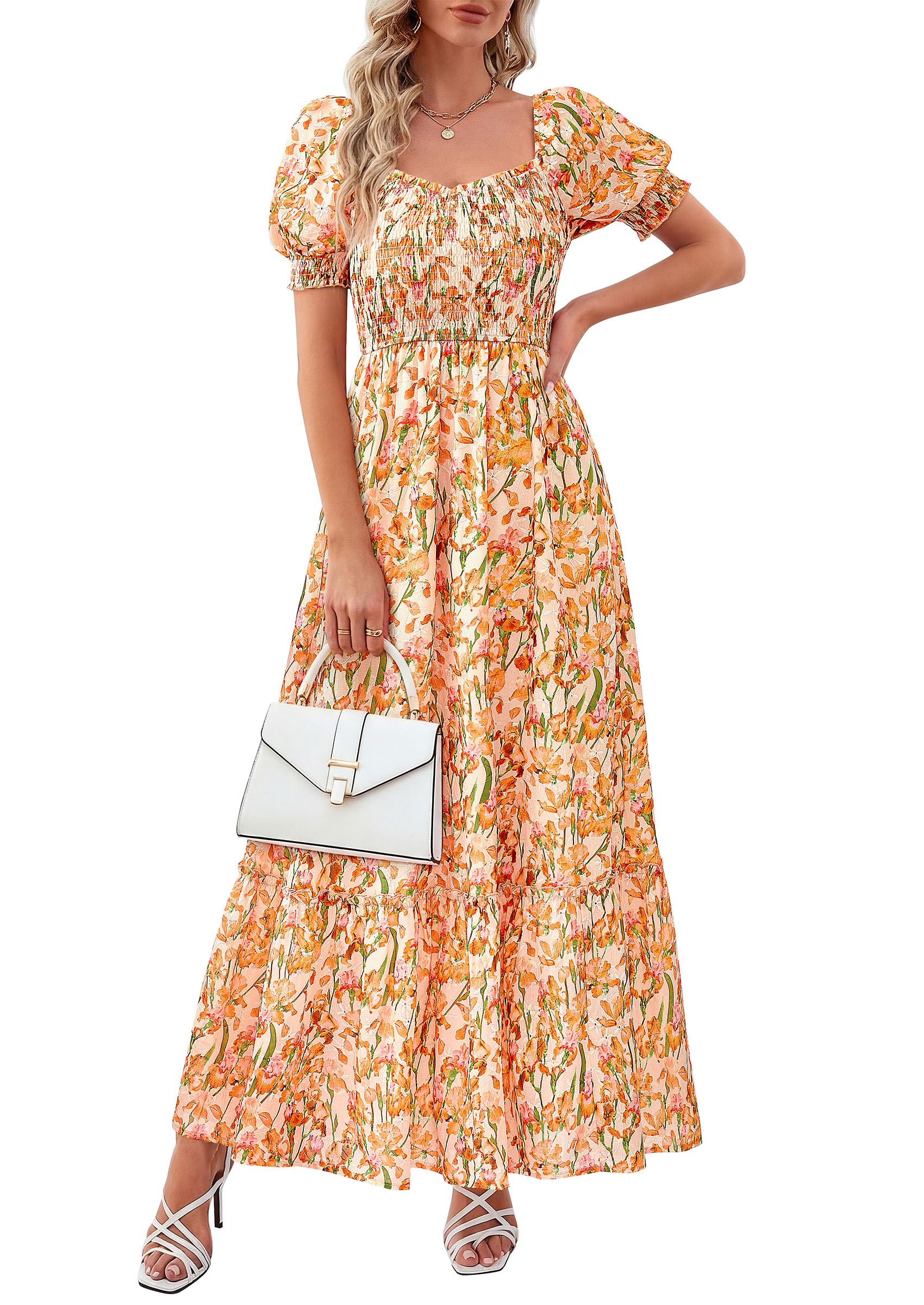 PRETTYGARDEN Women's Floral Boho Maxi Dresses Flowy Short Sleeve A Line Smocked Eyelet Summer Beach Vacation Clothes