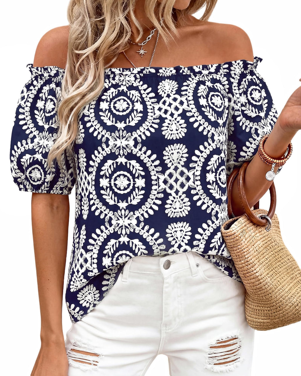 BTFBM Off The Shoulder Spring Tops for Women Summer Blouses Boho Floral Short Sleeve Shirts Dressy Casual Outfits