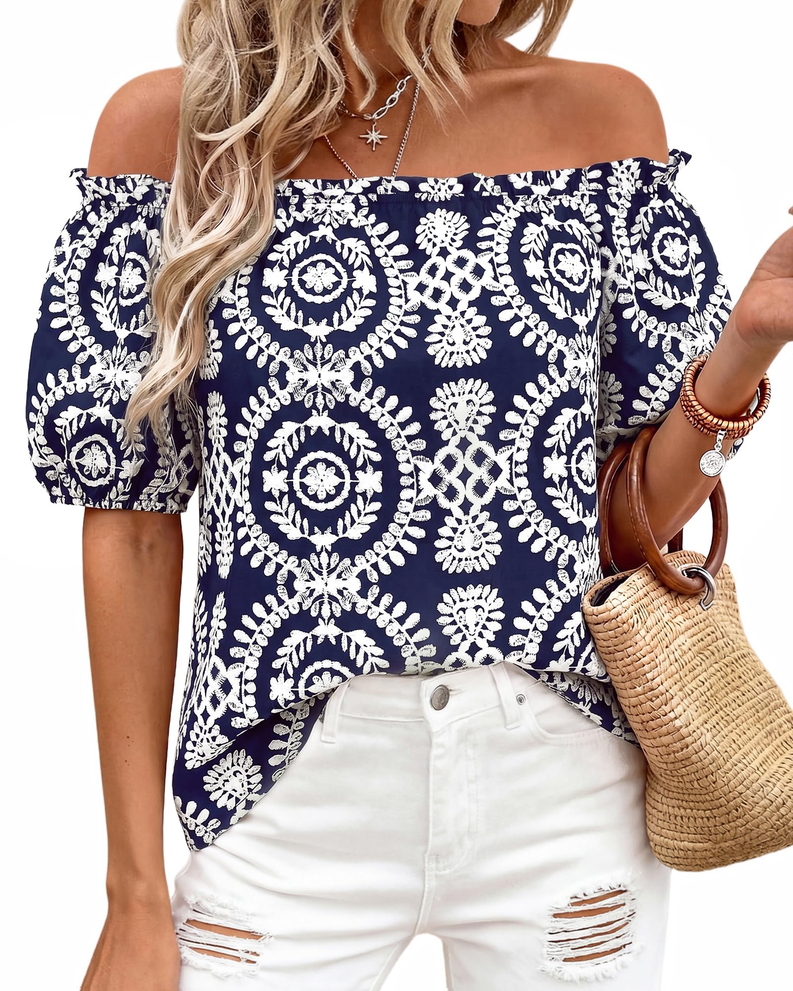 BTFBM Off The Shoulder Spring Tops for Women Summer Blouses Boho Floral Short Sleeve Shirts Dressy Casual Outfits