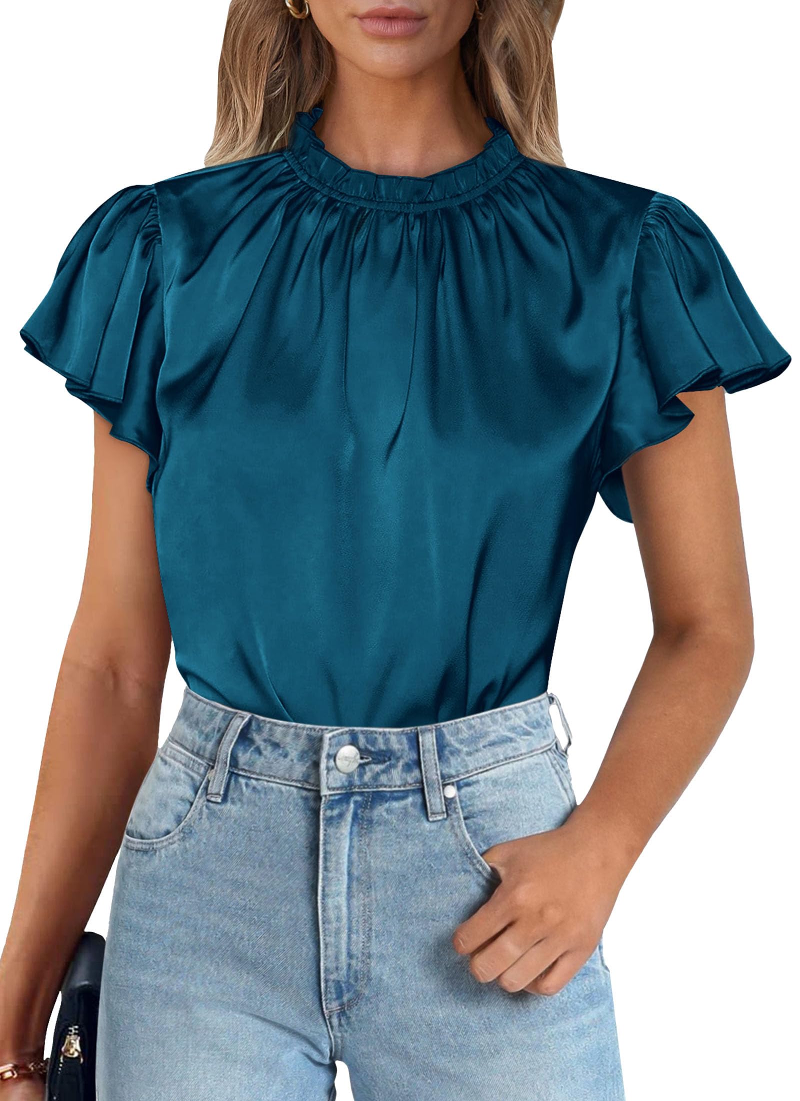 PRETTYGARDEN Business Casual Tops for Women Blouses Dressy  Summer Short Sleeve Ruffle Satin Work Office Attire
