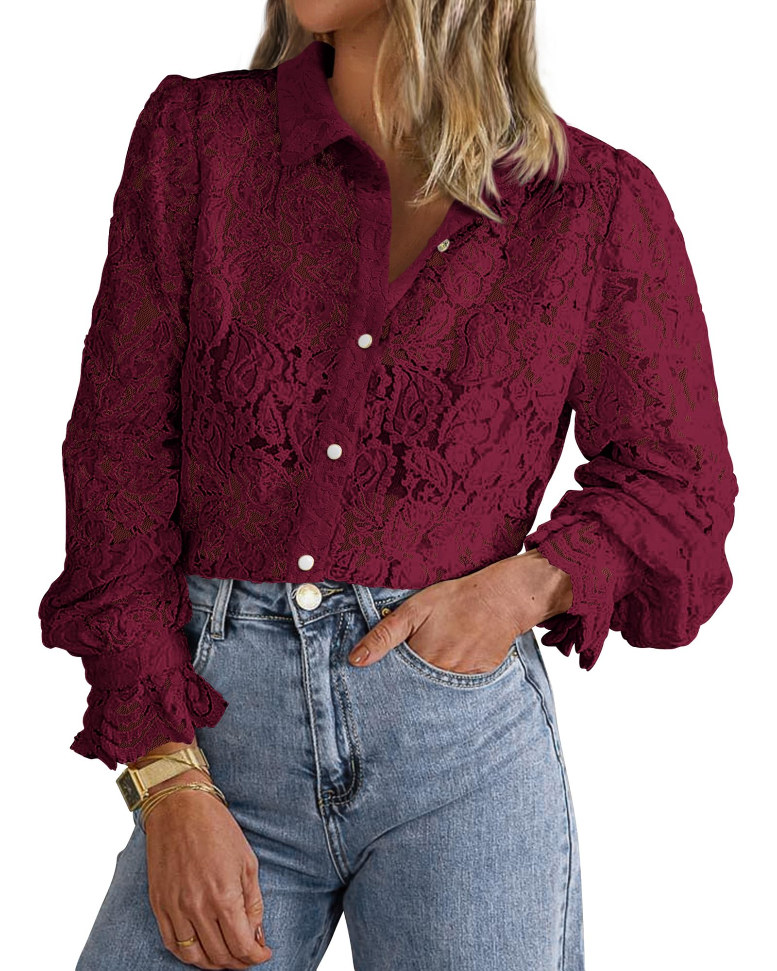 FreshPretty Long Sleeve Lace Blouses for Women Spring Dressy Casual Button Down Shirts Date Night Outfit Club Party Tops