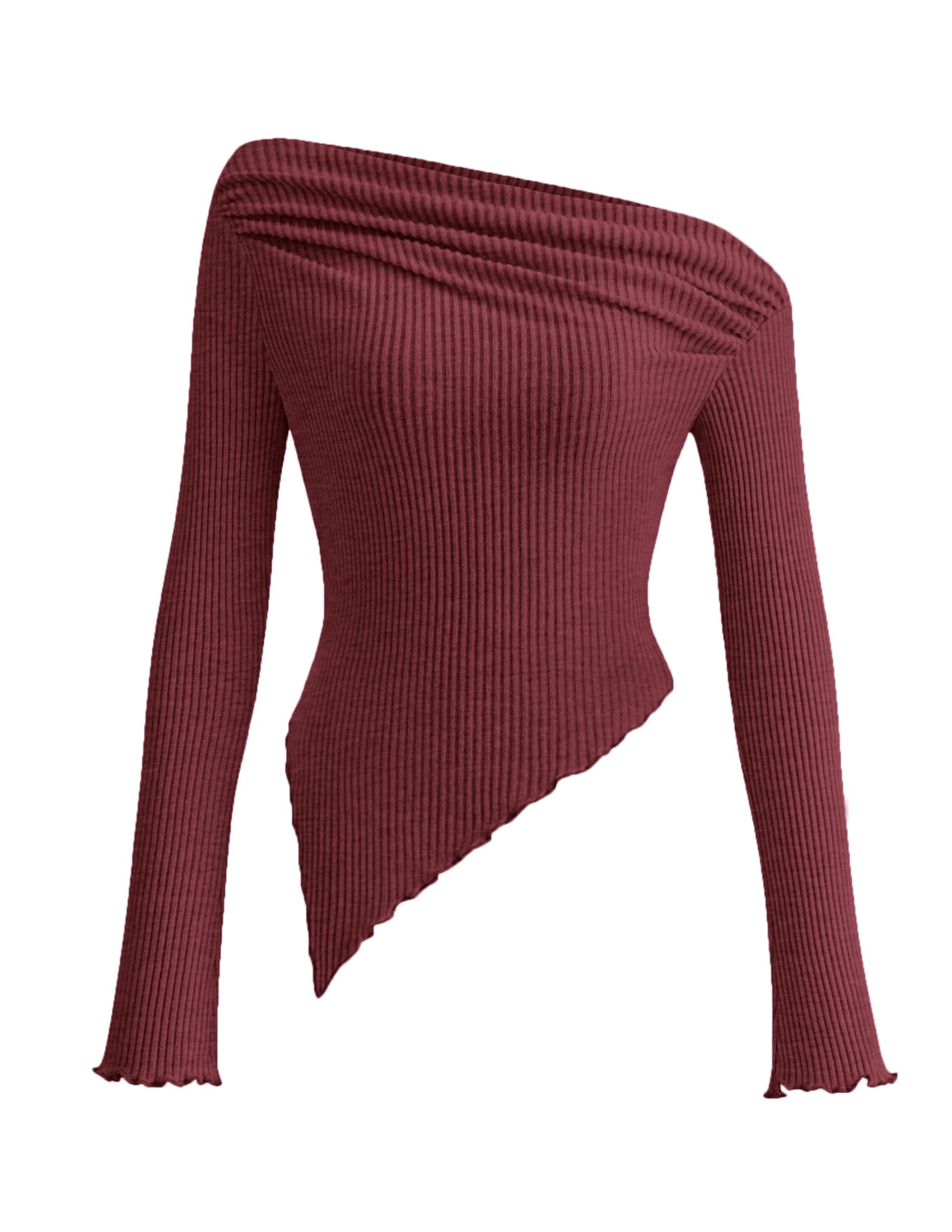 PRETTYGARDEN Women's Spring Long Sleeve Y2K Crop Top Trendy Off Shoulder Asymmetrical Fitted Knit Tee Shirts Going Out Tops