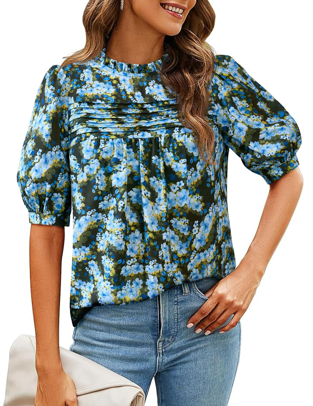 PRETTYGARDEN Floral Tops for Women Blouses Dressy Casual Summer Trendy Outfits Boho Pleated Short Sleeve Shirts