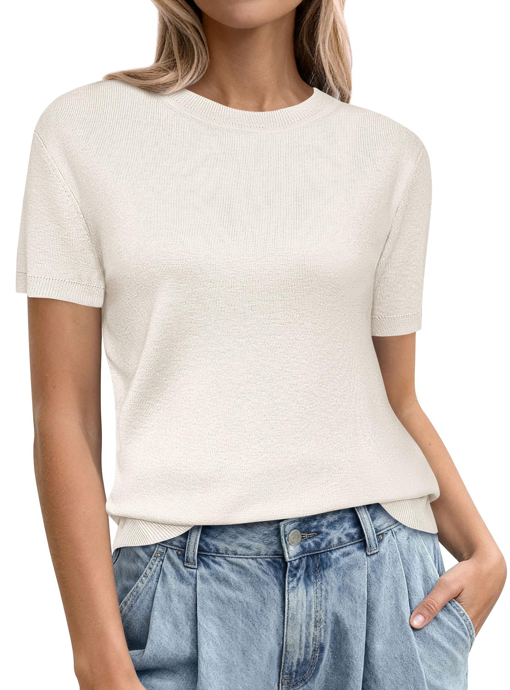 PRETTYGARDEN Women's Short Sleeve Sweaters Spring Crew Neck Knit Work Shirts Business Casual Tops Summer Fashion Clothes