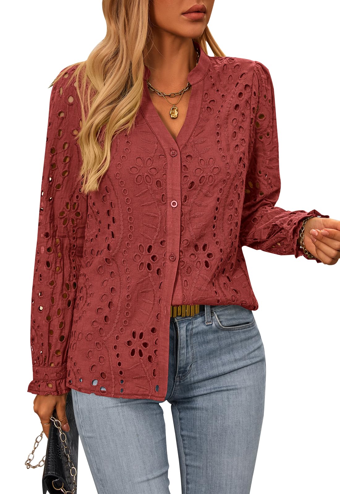 FreshPretty Women's Long Sleeve Shirts Button Down Dressy Casual Blouses V Neck Embroidery Hollow Out Tops Fall Winter Clothes