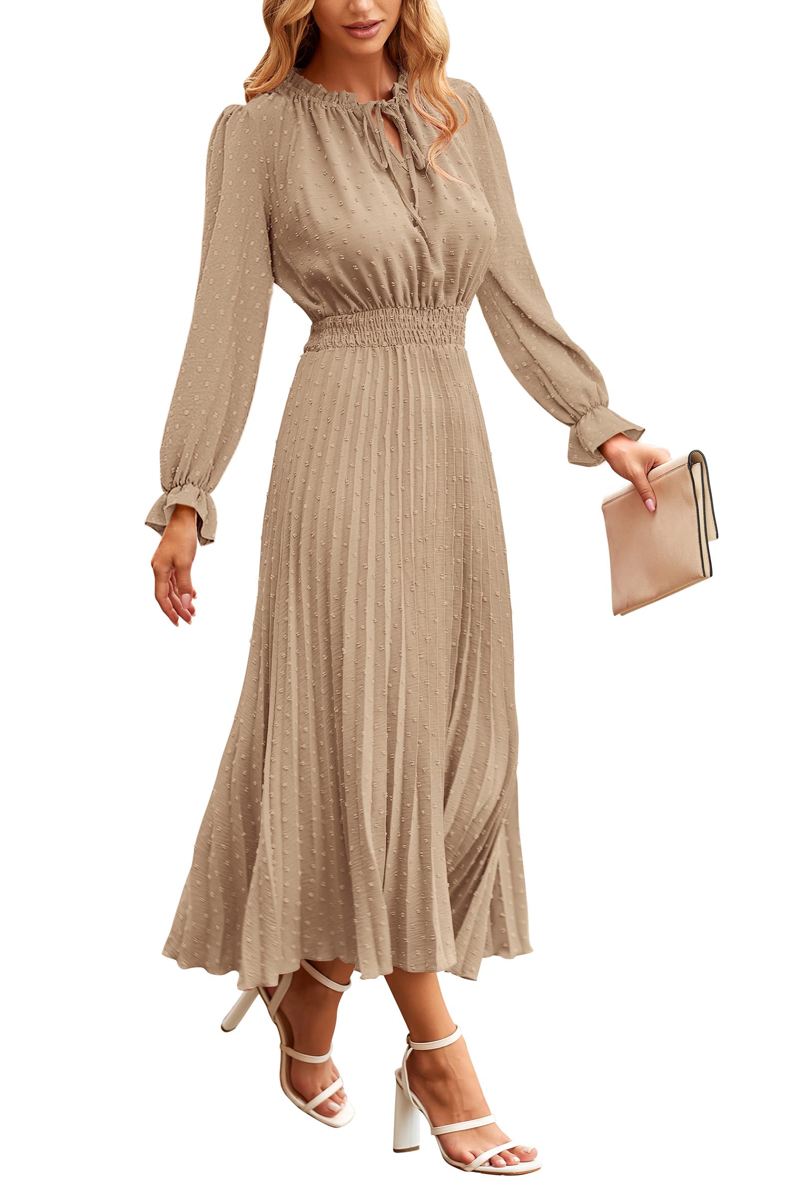 PRETTYGARDEN Women's Spring Fall Midi Dress Casual Long Sleeve V Neck Swiss Dot Pleated A Line Flowy Dresses