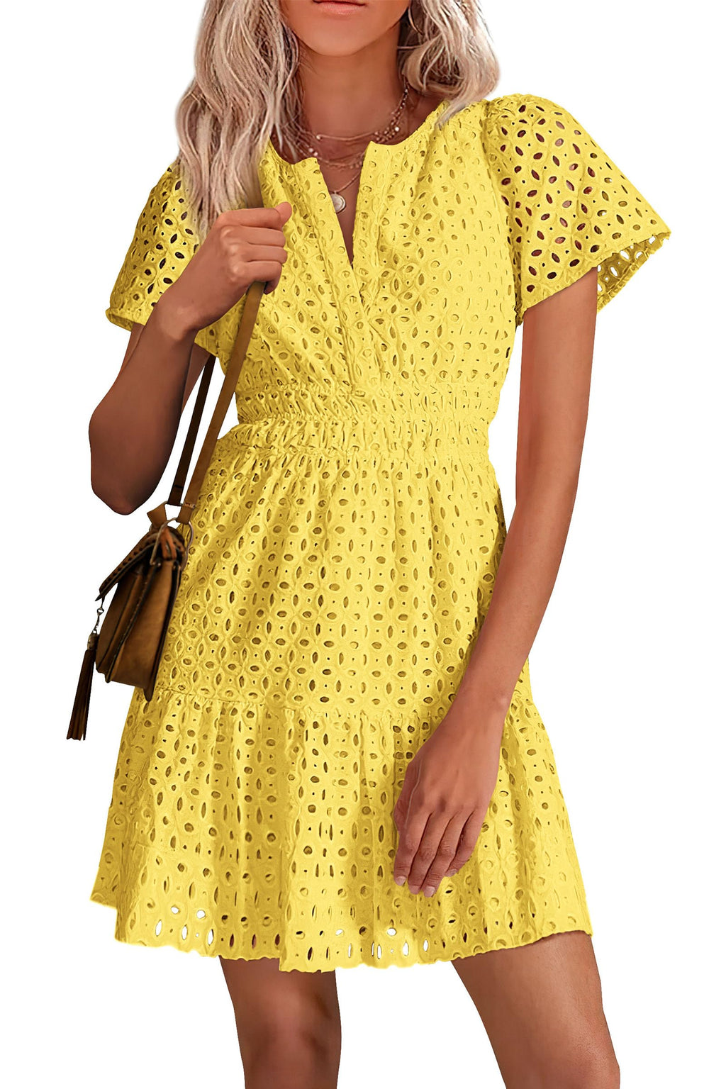 PRETTYGARDEN Womens Summer Short Dress V Neck Short Sleeve A Line Hollow Out Lace Ruffle Cute Casual Beach Party Dresses