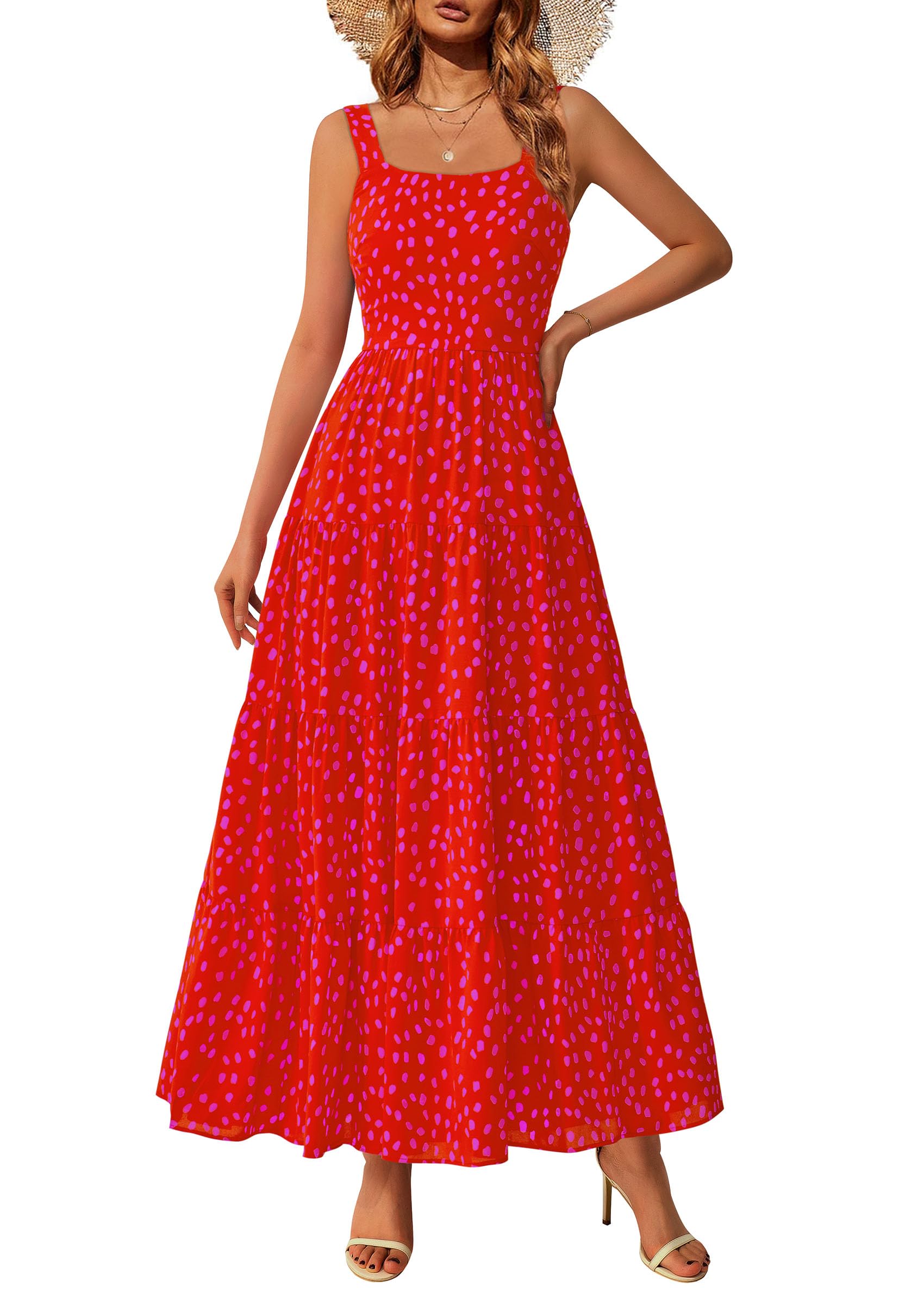 PRETTYGARDEN Women's Summer Floral Maxi Dress Sleeveless Smocked Ruffle Long Flowy Beach Vacation Boho Sundresses