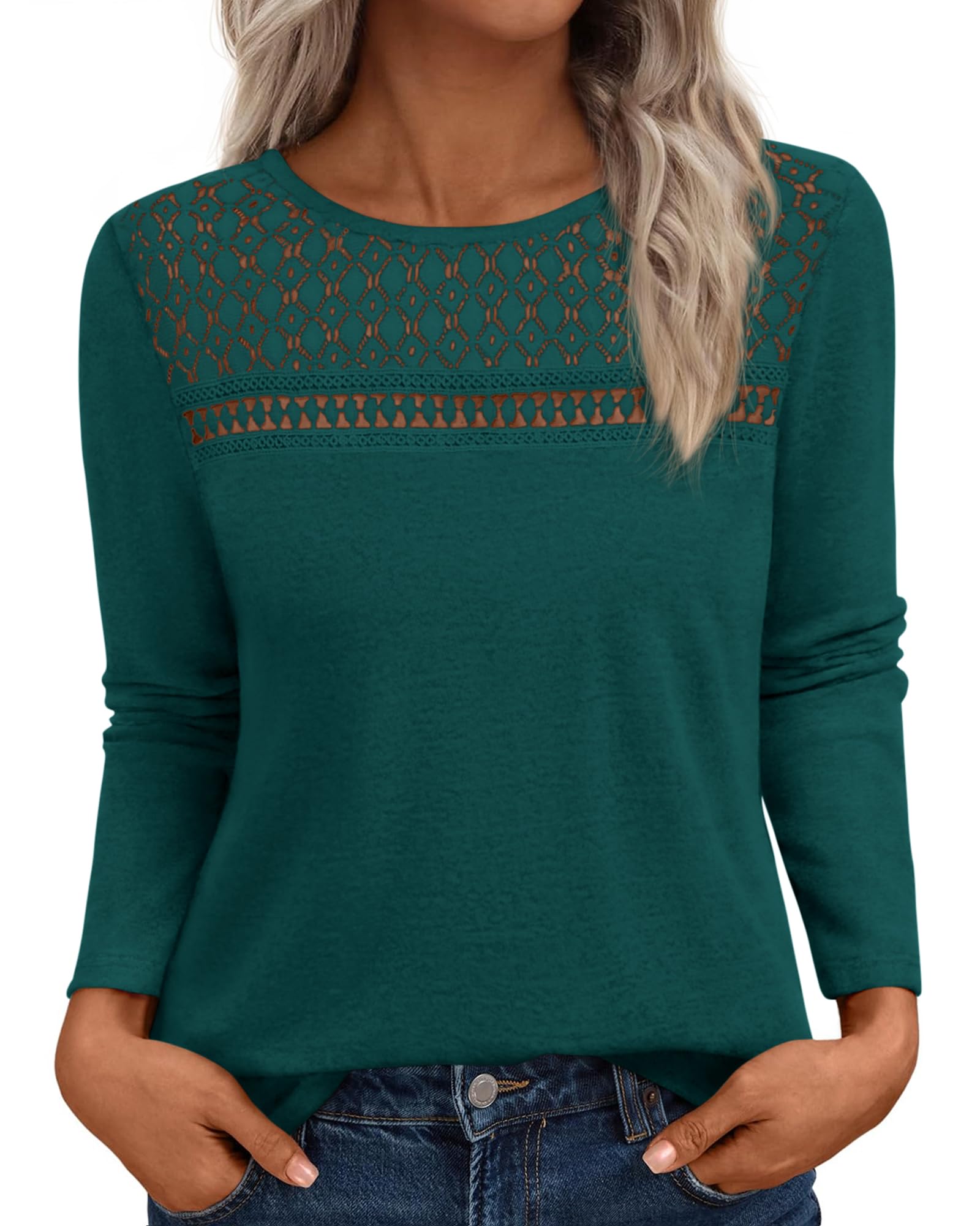 FreshPretty Lace Long Sleeve Shirts Womens Tops Dressy Casual Knit Boho Lightweight Blouses Winter Clothing Fall Fashion