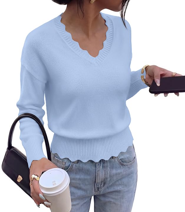 BTFBM Fall Long Sleeve Sweaters for Women | V Neck,Drop Shoulders,Scallop Edges,Lightweight Knit Sweaters Top,Daily Wear,Holiday,Christmas,Winter Clothing