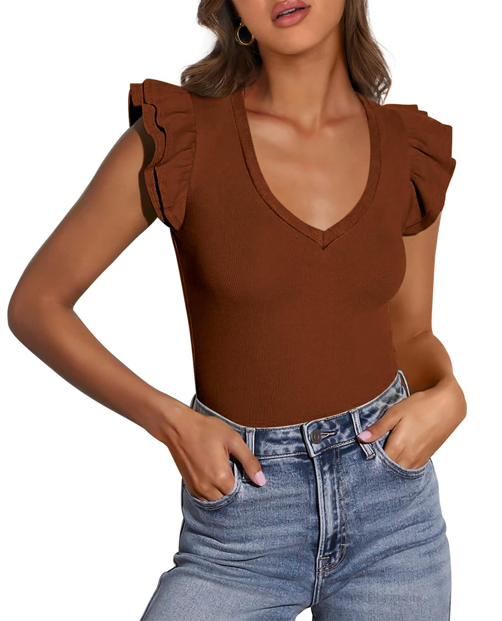 PRETTYGARDEN Womens V Neck Summer Tops Ruffle Sleeveless Slim Fit T Shirts Going Out Casual Blouses