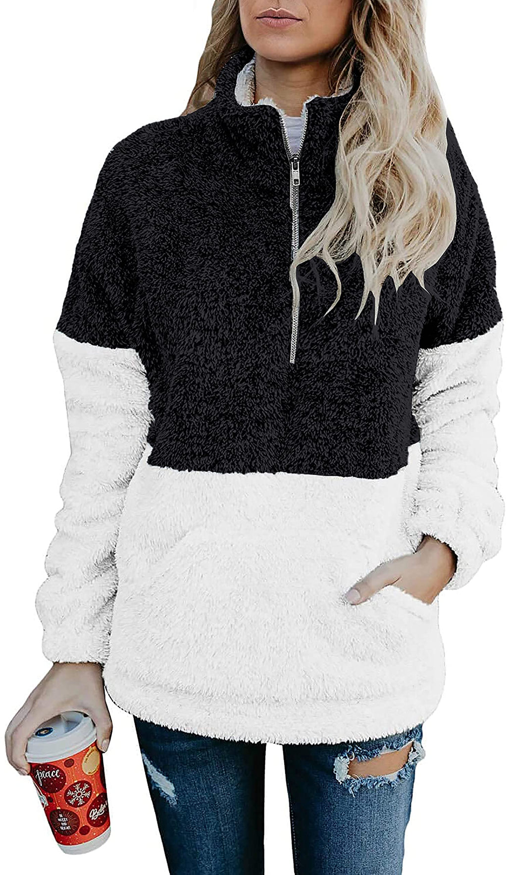 BTFBM Womens Sweatshirt Sherpa Quarter Zip Pullover Fall Winter Long Sleeve Fleece Sweaters Hoodies Sweatshirts Clothes