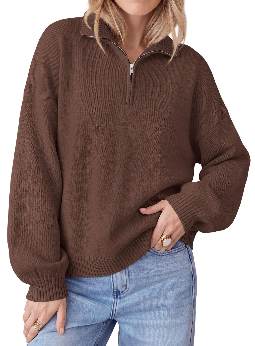 PRETTYGARDEN Women's Quarter Zip Pullover Oversized Sweaters Collared Neck, Long Balloon Sleeve, Jumper Tops, Soft Cozy Knit, Ribbed Hem, Loose Fit, Fall Outfits, Winter Fashion Clothing