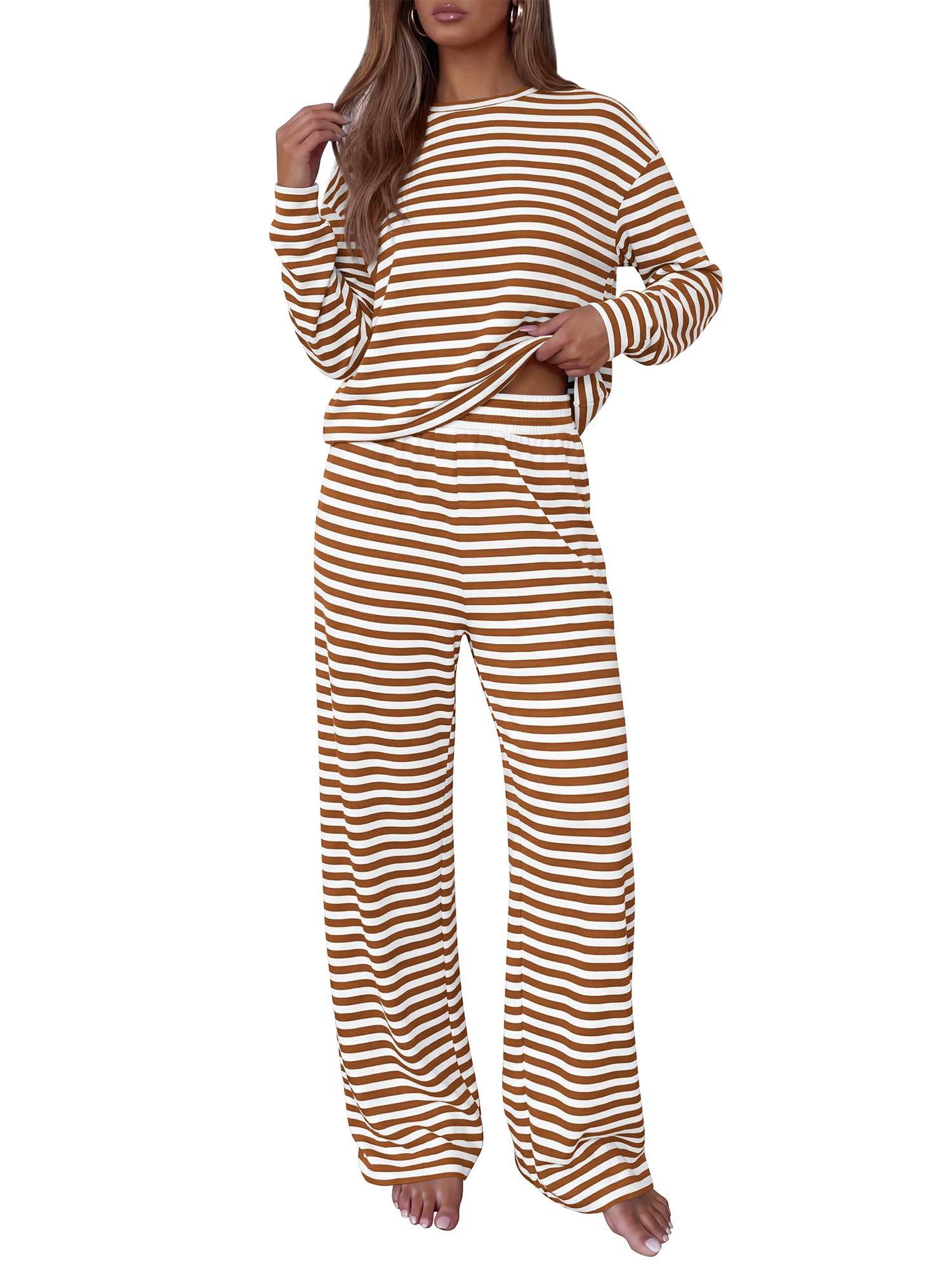 BTFBM Striped Lounge Set Sweatsuits Women 2 Piece Outfit | Womens Pajama Sets, Crew Neck Sweatshirt and Wide Leg Pants, Pockets, Airport, Travel, Vacation Outfits, Fall Winter Clothes