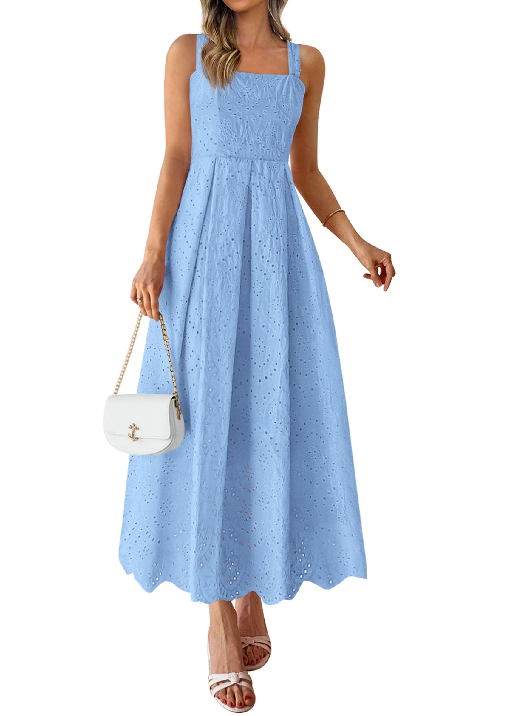 PRETTYGARDEN Womens Sleeveless Maxi Summer Dresses Hollow Out Eyelet Square Neck Ruffle Flowy Beach Vacation Sundress