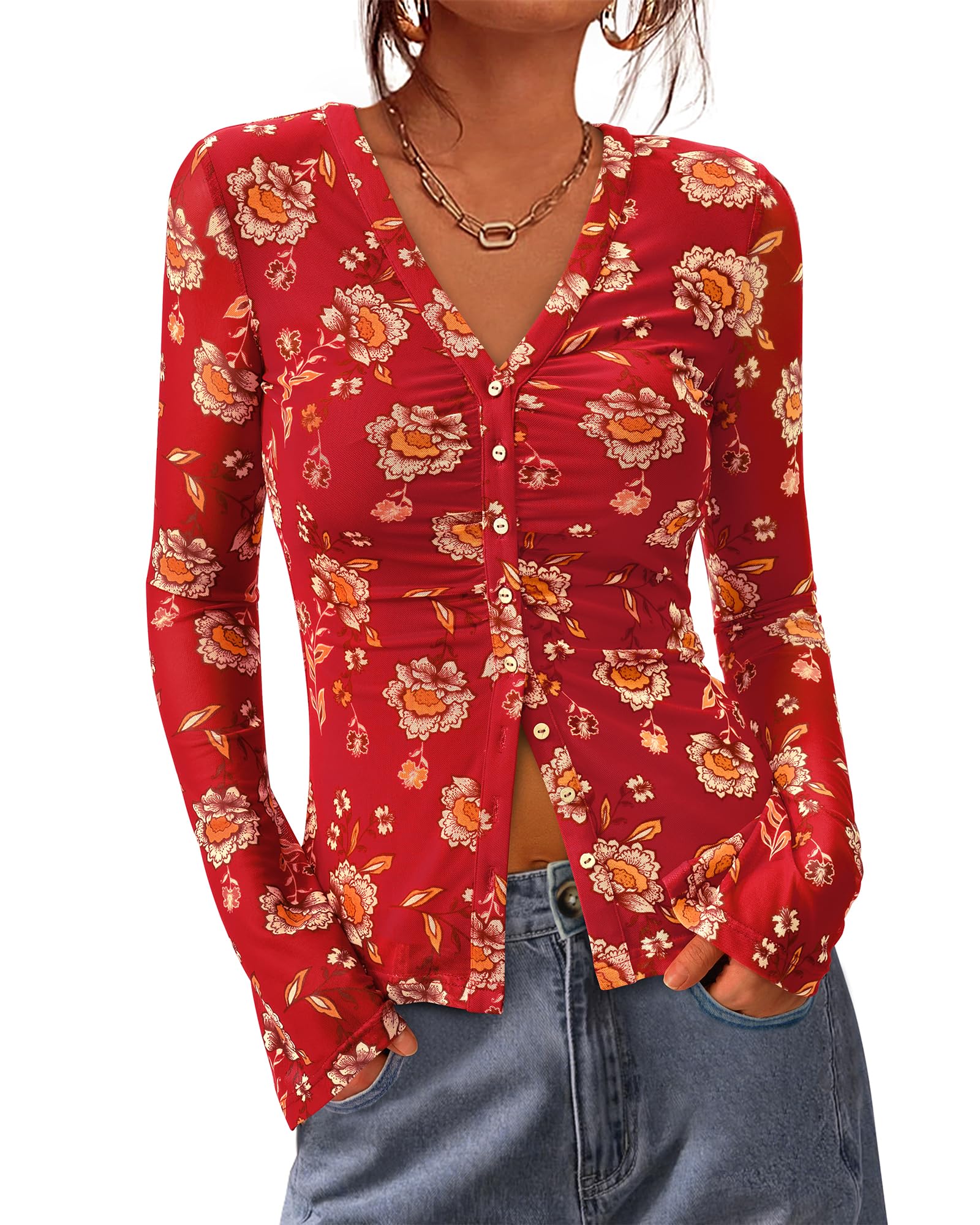 FreshPretty Button Down Shirts for Women Fall Fashion V Neck Long Sleeve Blouse Ruched Mesh Fitted Floral Print Boho Tops