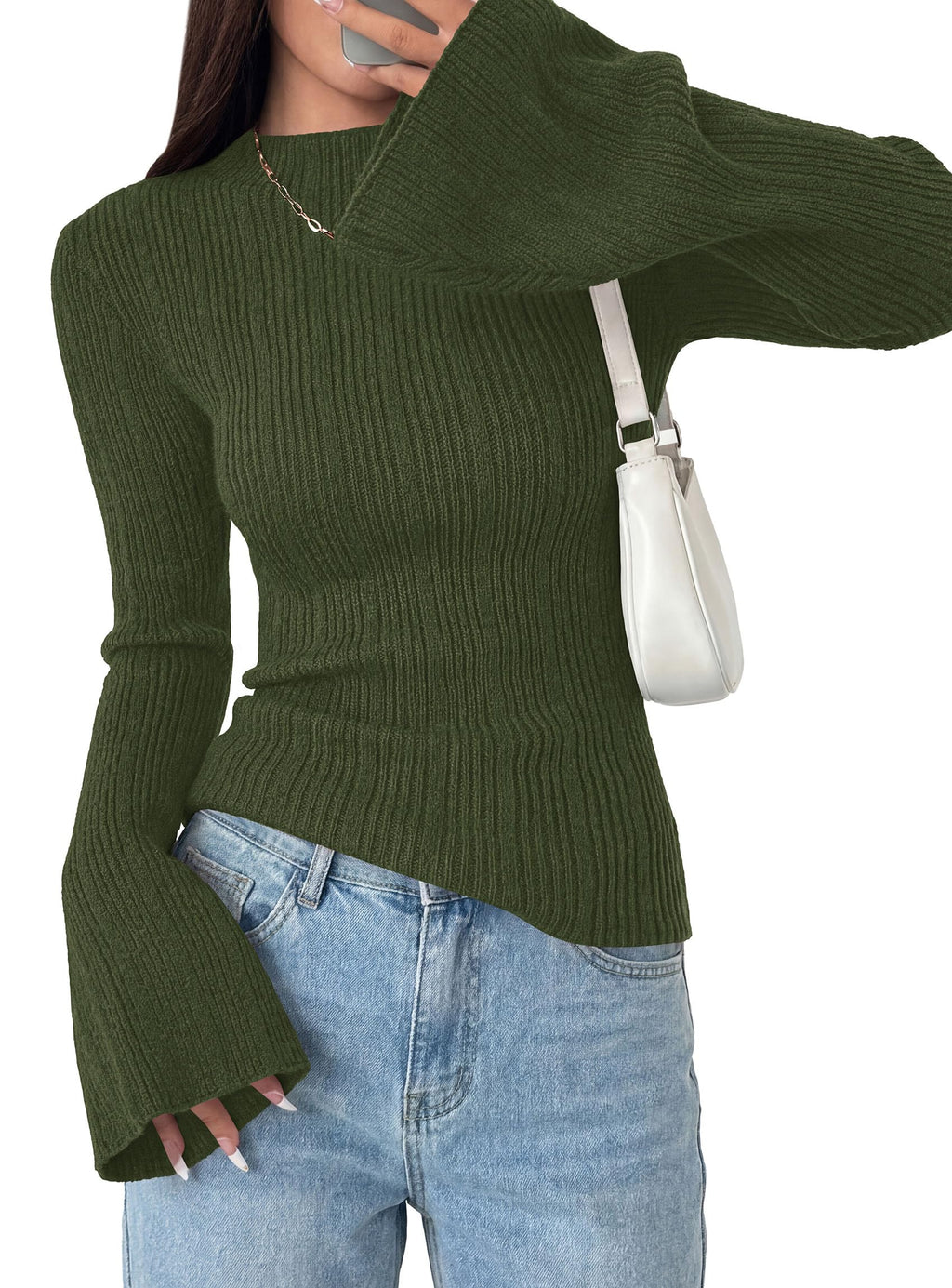 PRETTYGARDEN Women's Lightweight Mock Neck Sweaters | Bell Long Sleeve Tops, Slim Fitted Pullover, Soft Ribbed Knit, Going Out Outfits, Fall Winter Layering, Fashion Clothing