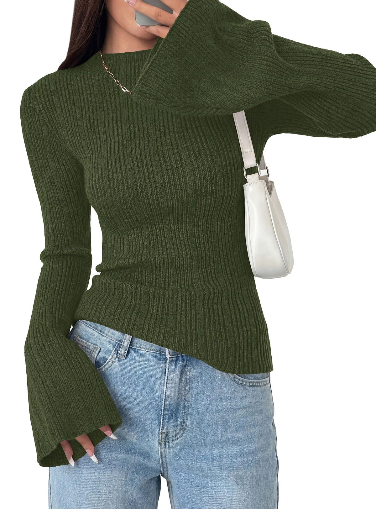 PRETTYGARDEN Women's Lightweight Mock Neck Sweaters | Bell Long Sleeve Tops, Slim Fitted Pullover, Soft Ribbed Knit, Going Out Outfits, Fall Winter Layering, Fashion Clothing