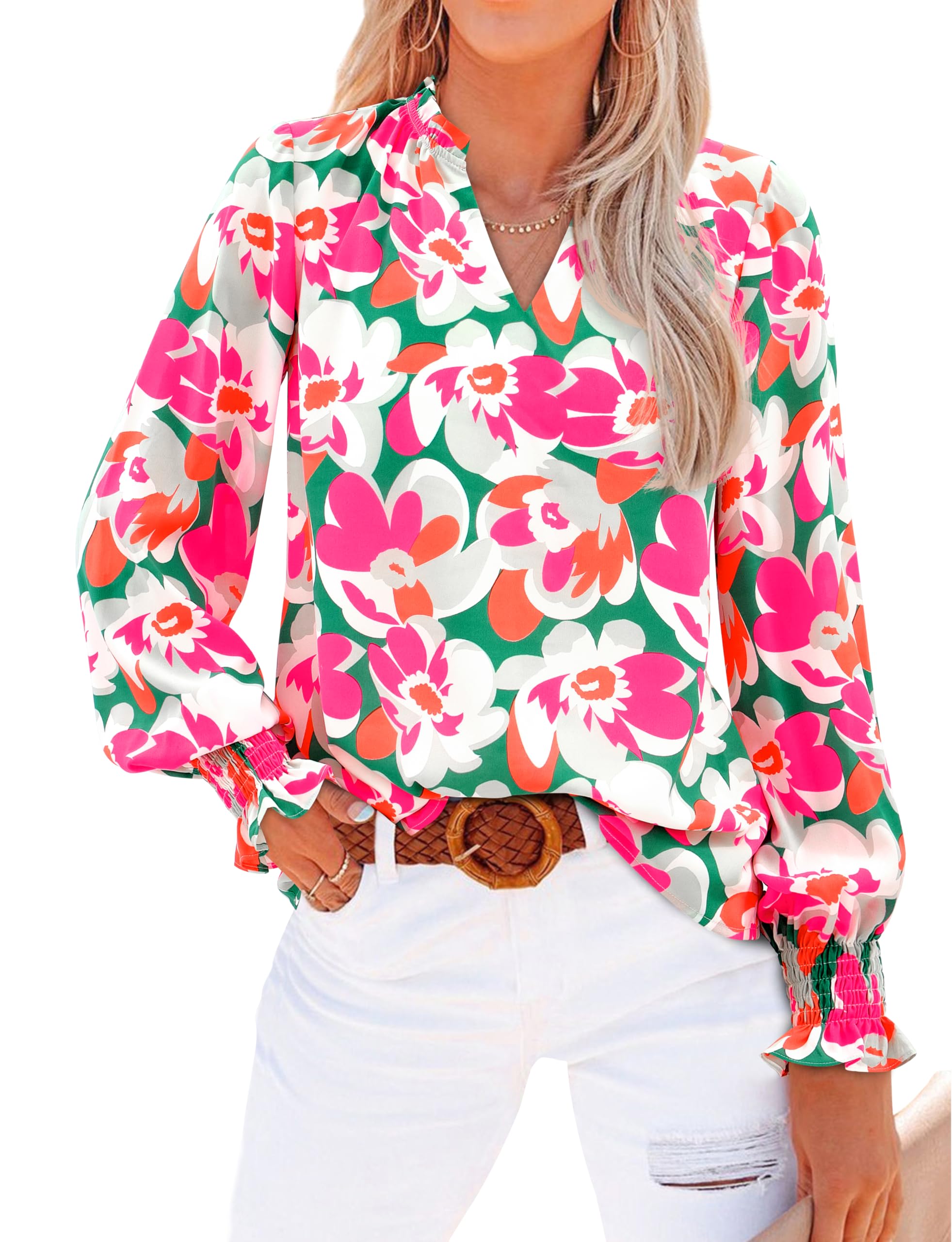 FreshPretty Womens V Neck Floral Long Sleeve Tops Summer Casual Loose Puff Sleeve Chiffon Boho Work Blouse Dressy T Shirts