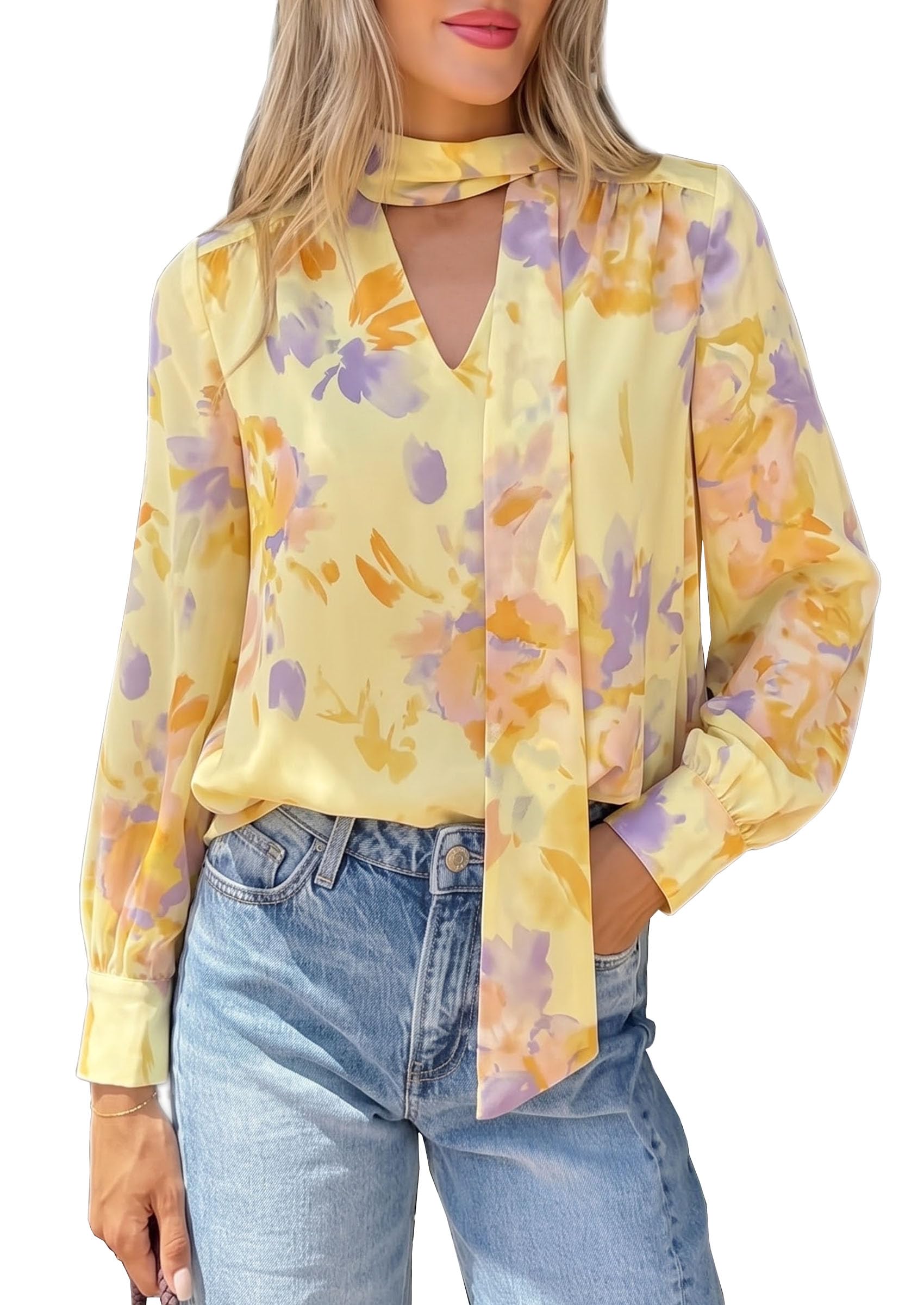 PRETTYGARDEN Women Chiffon Boho Blouses Dressy Casual Flowy Fall Tops, Long Sleeve V Neck Shirts with Tie, Elegant Date Night Outfit for Work Office, Going Out