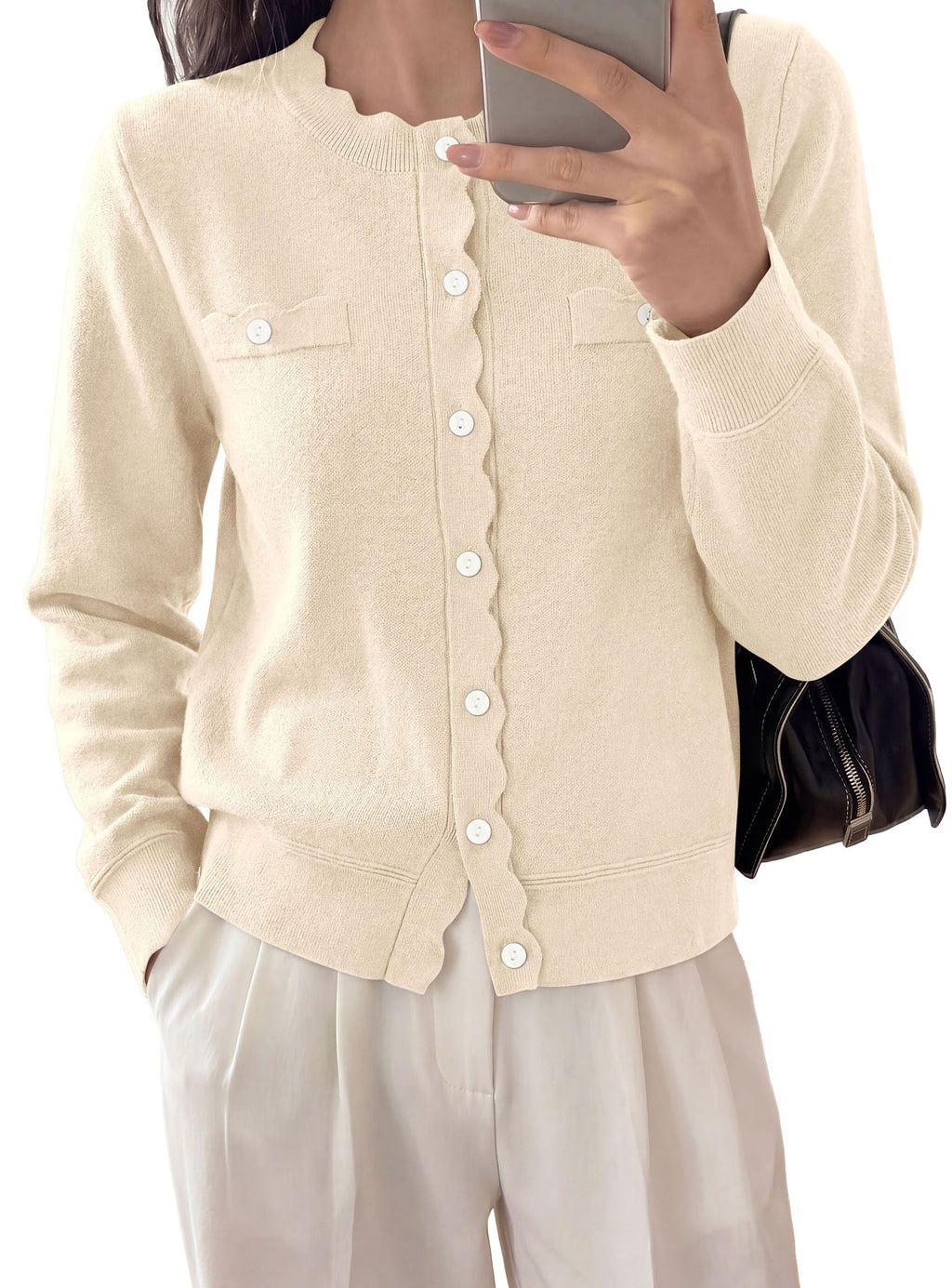 PRETTYGARDEN Cardigan Sweaters for Women Scalloped Button Up Fall Outfits Soft Knit Long Sleeve Knit Tops,Crew Neck,Business Casual Outfits,Office Work Lightweight Sweater,Layers Clothes