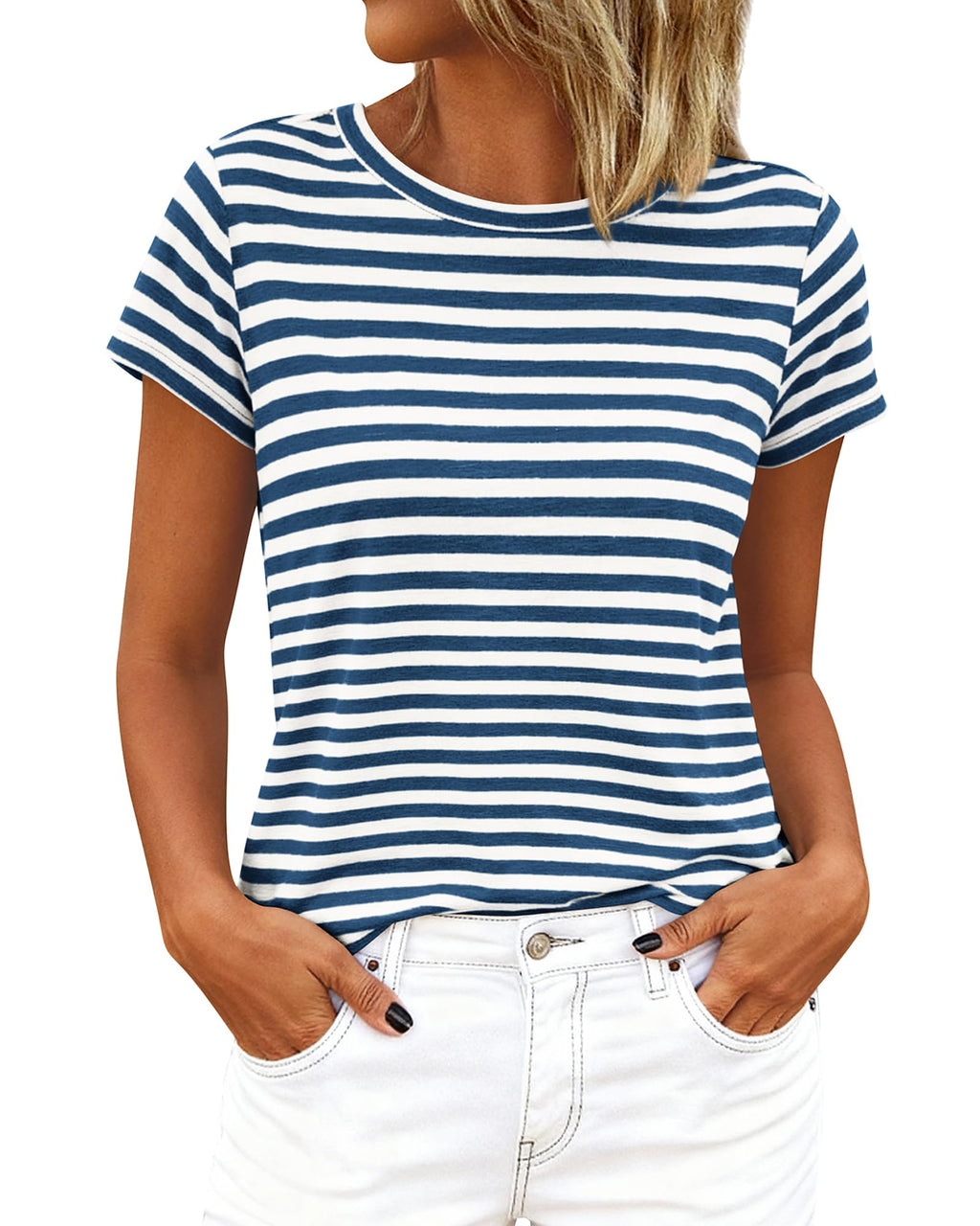 BTFBM Tops for Women Trendy Summer Crew Neck Short Sleeve T Shirts Striped Casual Vacation Blouse Basic Tee