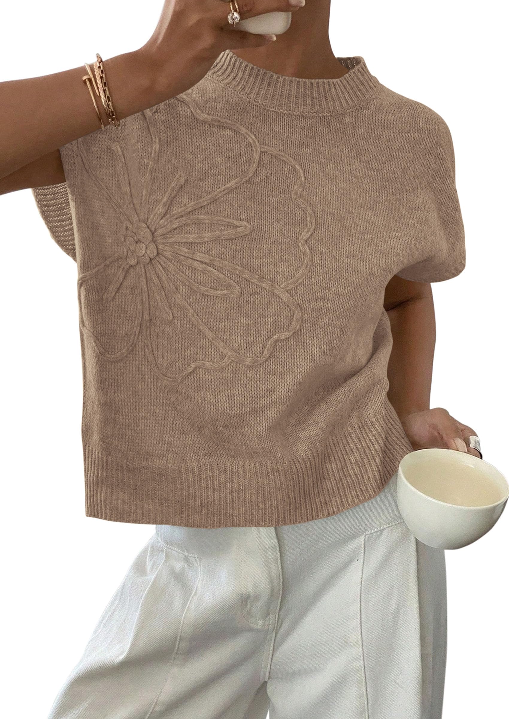 PRETTYGARDEN Women's Spring Sweater Vest Trendy Flower Knit Short Sleeve Cute Pullover Tank Tops Summer Fashion Clothing