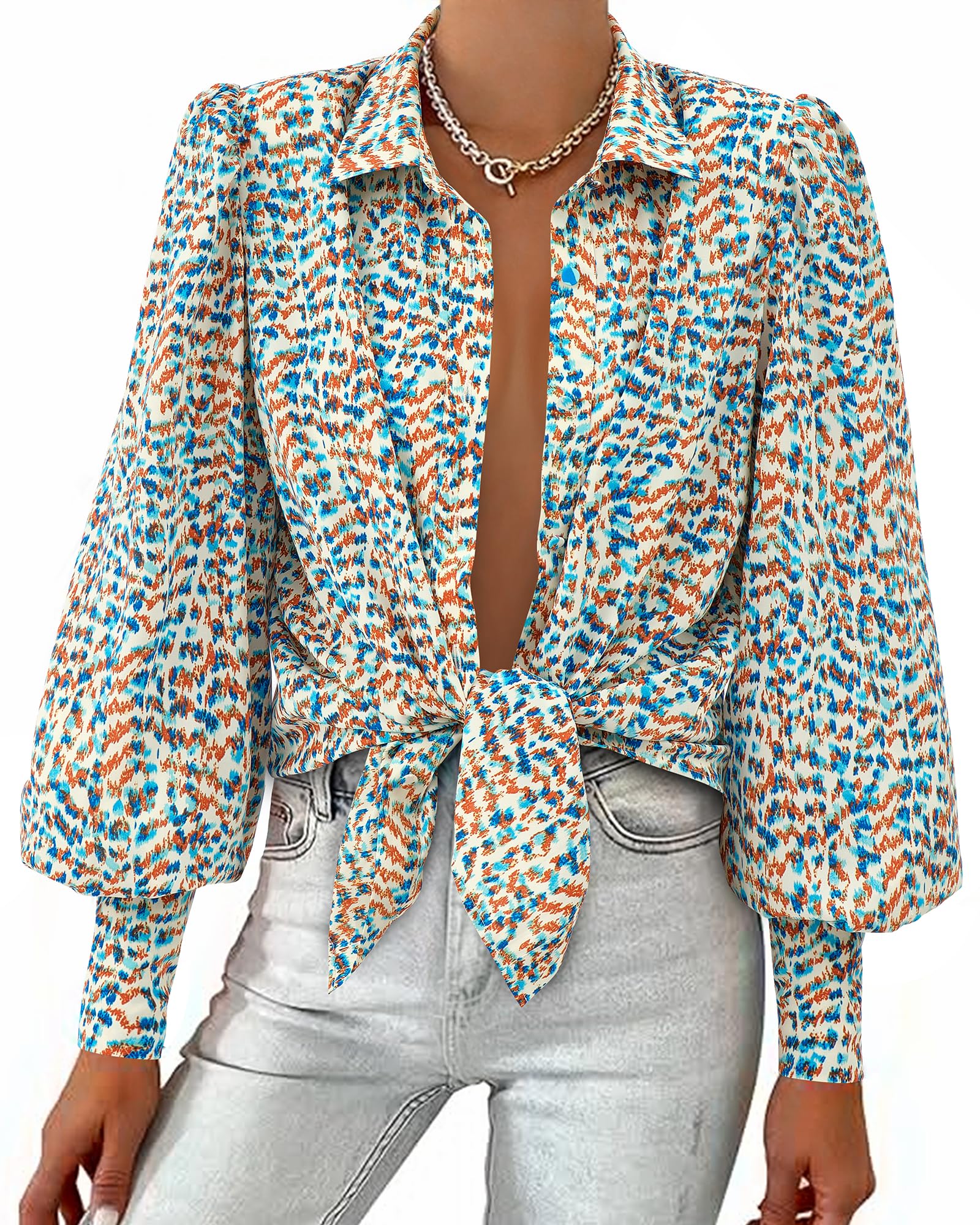 BTFBM Women Fashion Button Down Shirts V Neck Boho Printed Long Sleeve Blouses Dressy Casual Spring Fall Tops