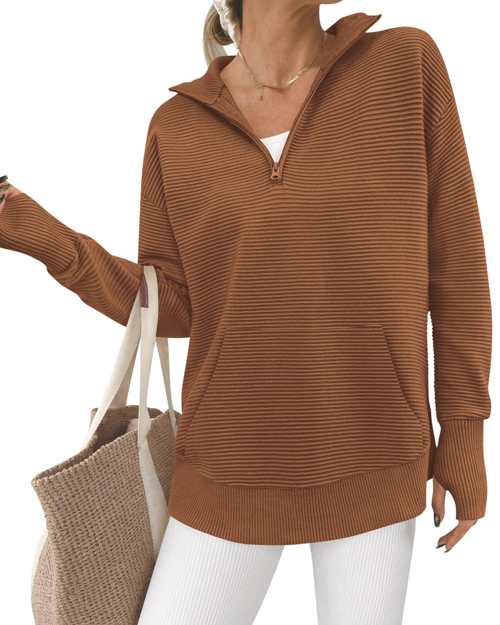 BTFBM Sweaters for Women Fall Clothes Pocket Quarter Zip Pullover V Neck Long Sleeve Knit Trendy Winter Sweater