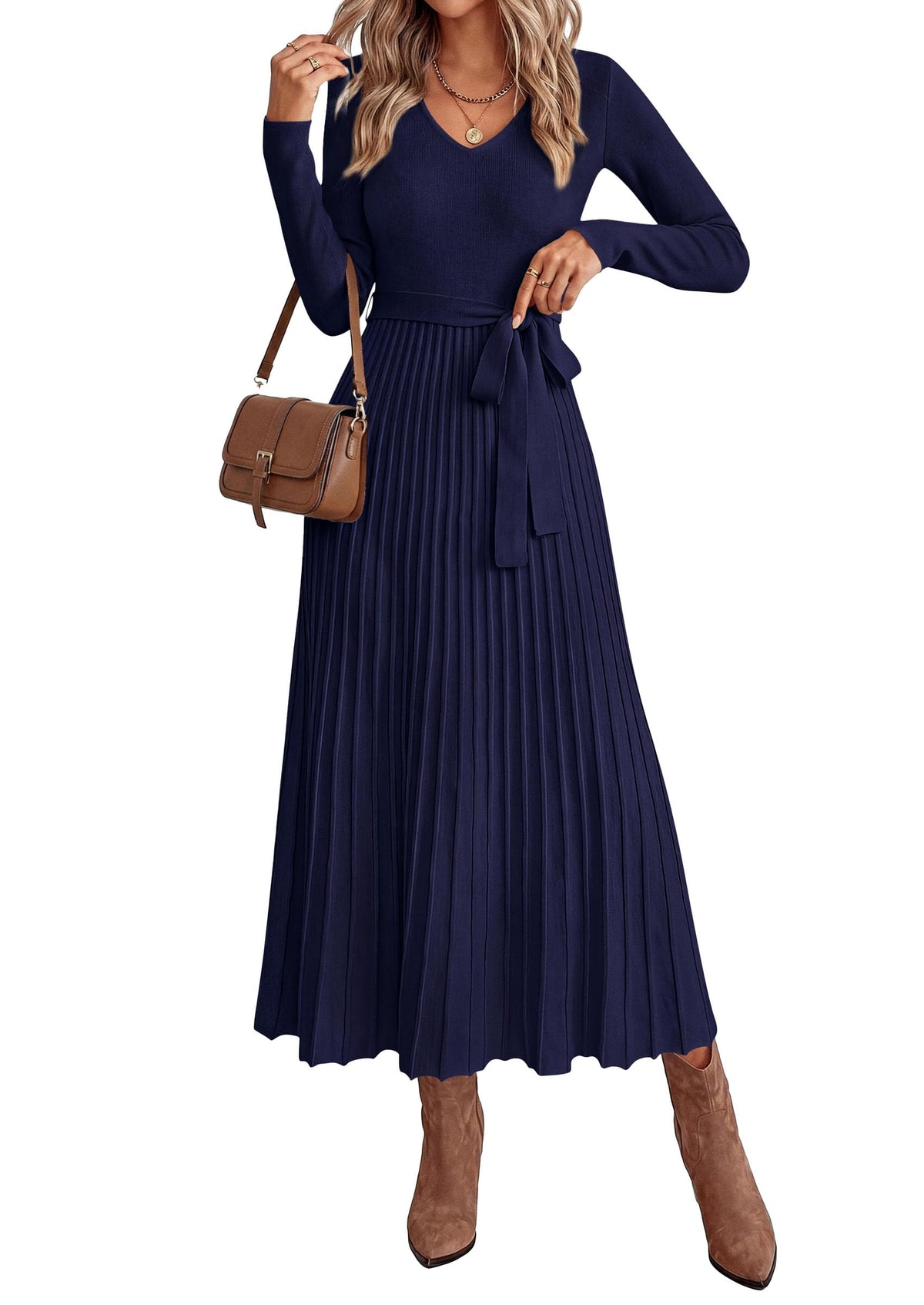PRETTYGARDEN Womens Fall Maxi Long Sleeve Sweater Dress Soft Stretchy Knit, V Neck A Line Dresses with Bow, Flowy Pleated Hem, Cocktail Party Outfits, Trendy Winter Clothes