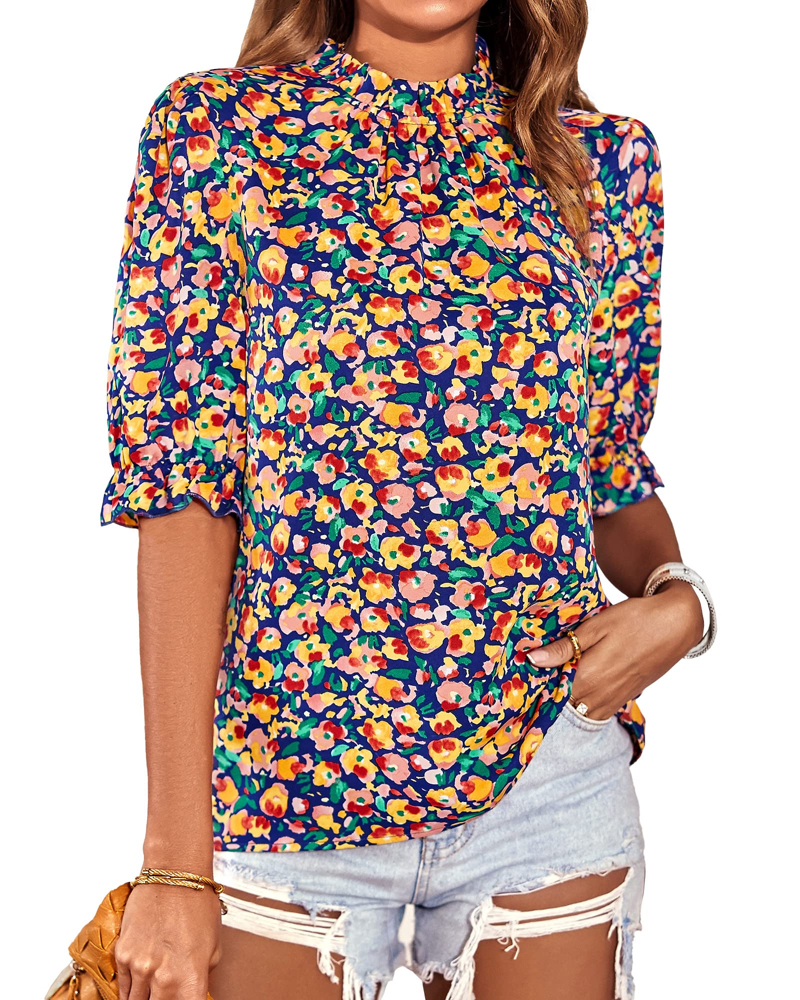 FreshPretty Women's Dressy Casual Blouses Business Work Tops Lace Trim Short Sleeve Office Shirts Summer Spring Outfits