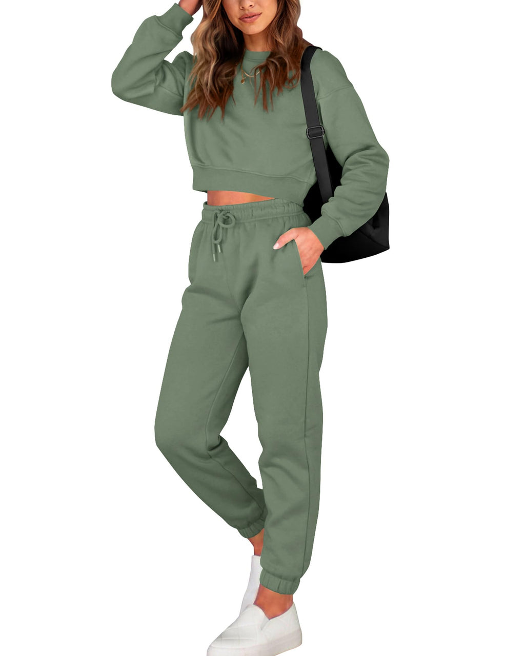 BTFBM Women 2 Piece Outfits Long Sleeve Crop Top Pullover Drawstring Pant Jogger Set Casual Sweatsuits Tracksuit Pockets