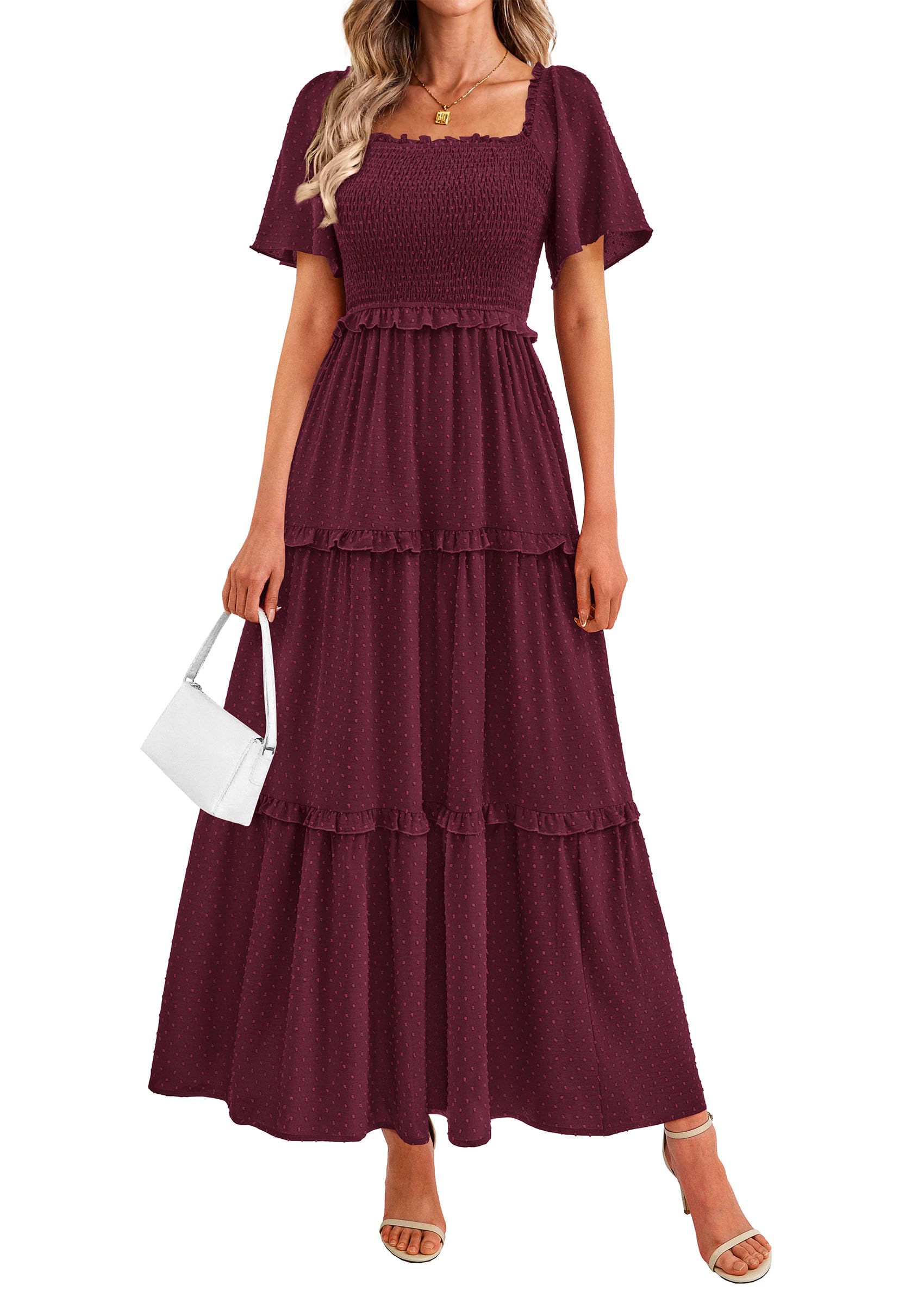 PRETTYGARDEN Summer Dresses for Women Boho Swiss Dot Smocked Square Neck Short Sleeve Spring Wedding Guest Maxi Dress
