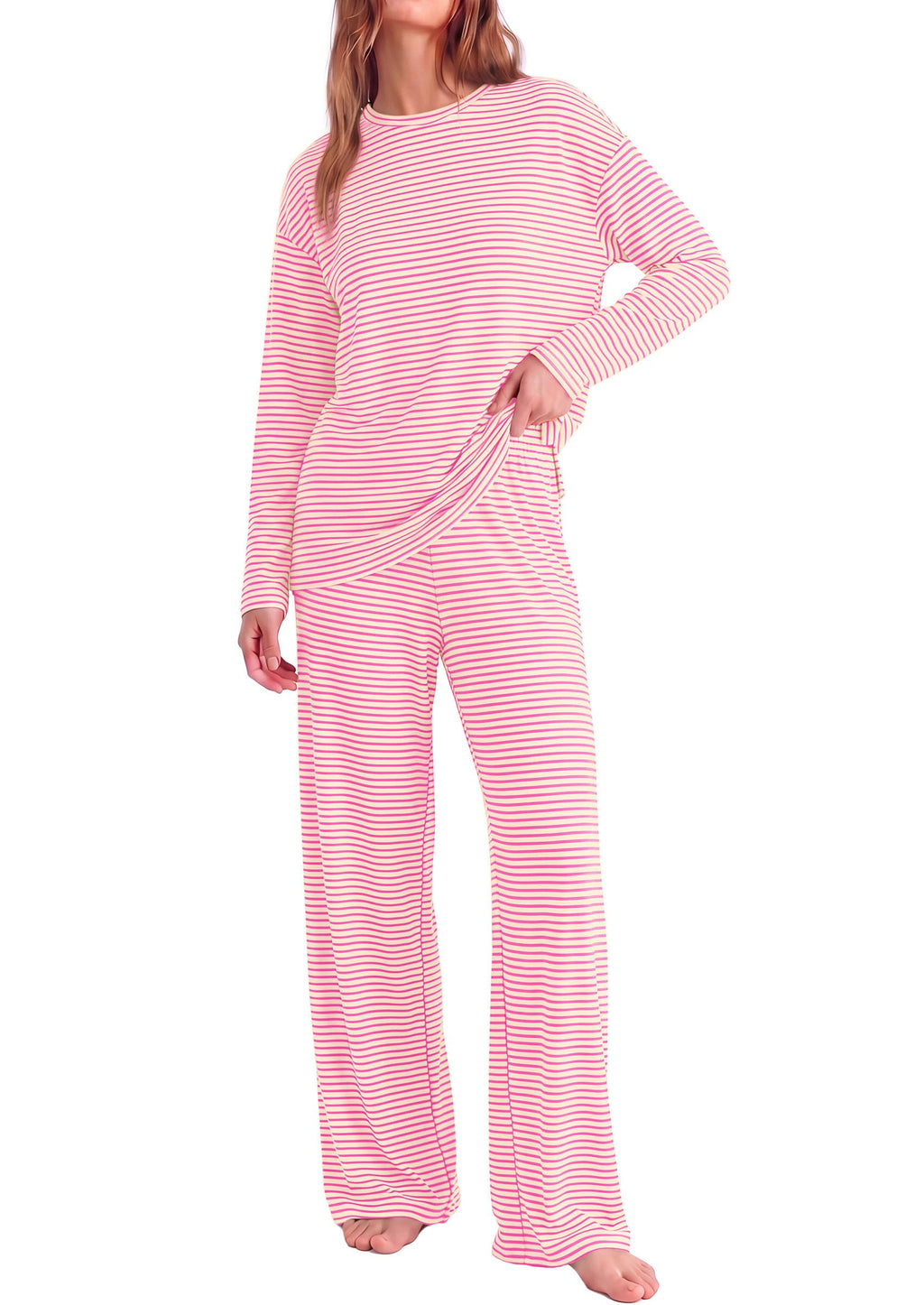 PRETTYGARDEN Womens Striped Lounge Set Fall Winter 2 Piece Sets Side Slit Long Sleeve T-Shirts & Wide Leg Pants, Matching Pajama Sets, Comfy Pj Set, Loungewear with Pockets, Fashion Clothes